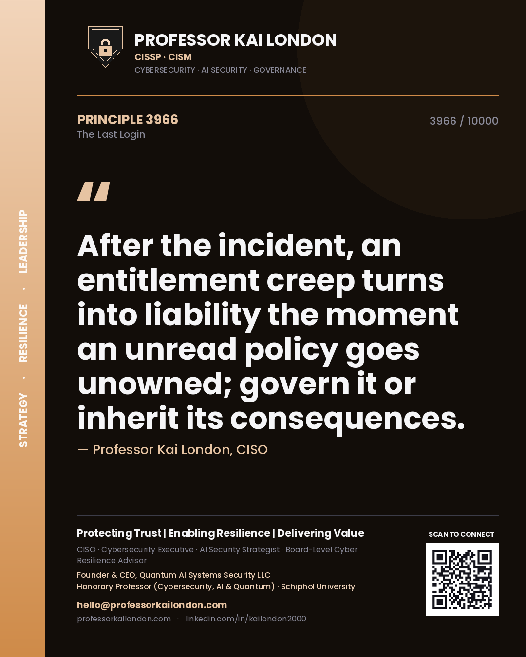 Quote card by Professor Kai London reading 'After the incident, an entitlement creep turns into liability the moment an unread policy goes unowned; govern it or inherit its consequences.'. From the book The Last Login.