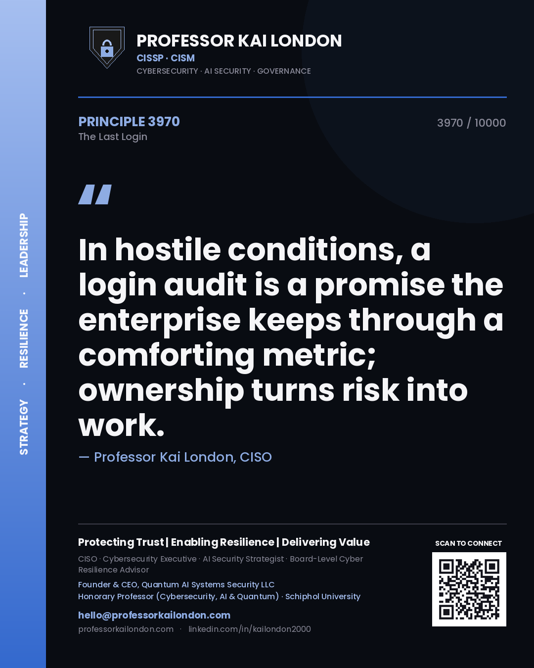 Quote card by Professor Kai London reading 'In hostile conditions, a login audit is a promise the enterprise keeps through a comforting metric; ownership turns risk into work.'. From the book The Last Login.