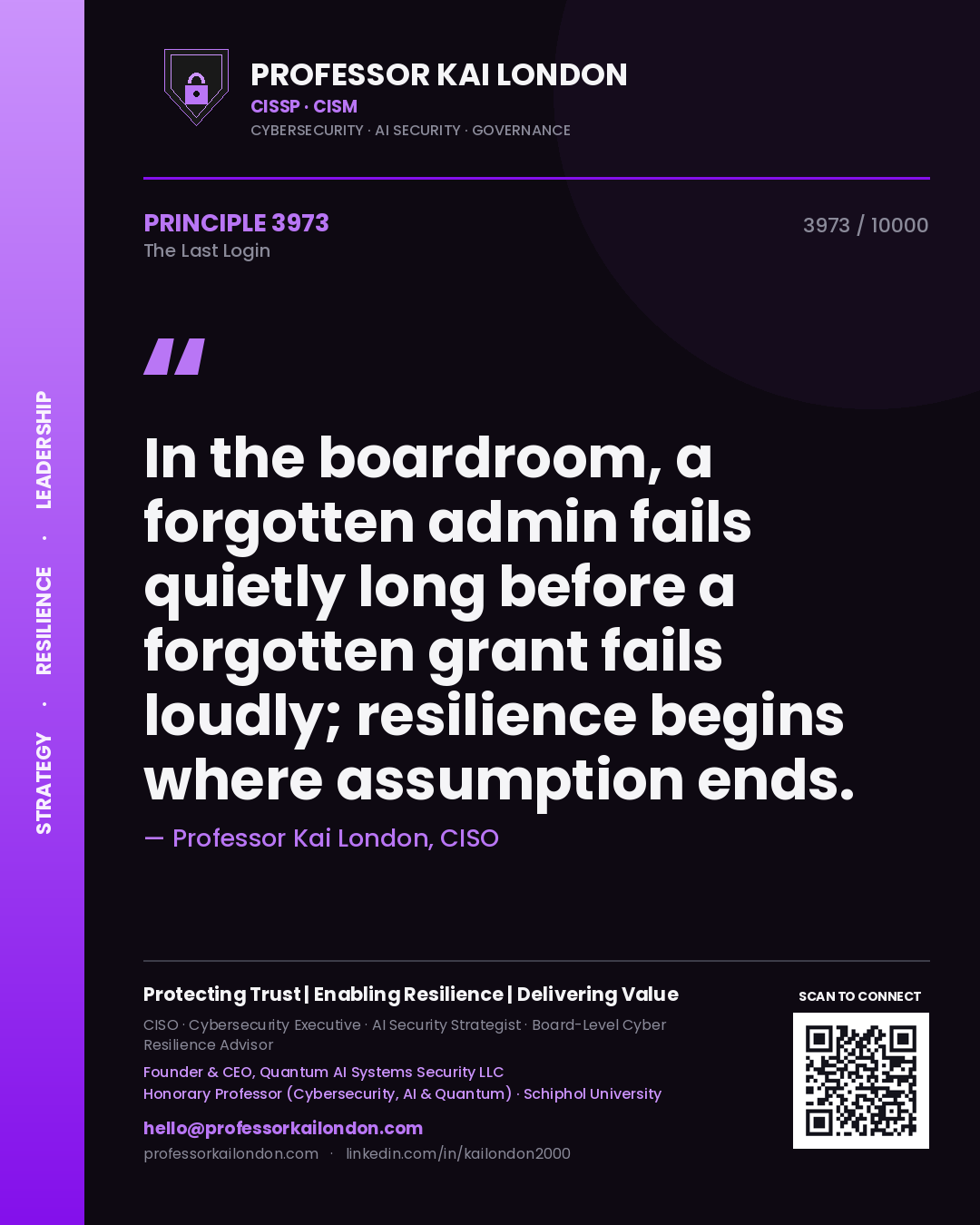 Quote card by Professor Kai London reading 'In the boardroom, a forgotten admin fails quietly long before a forgotten grant fails loudly; resilience begins where assumption ends.'. From the book The Last Login.