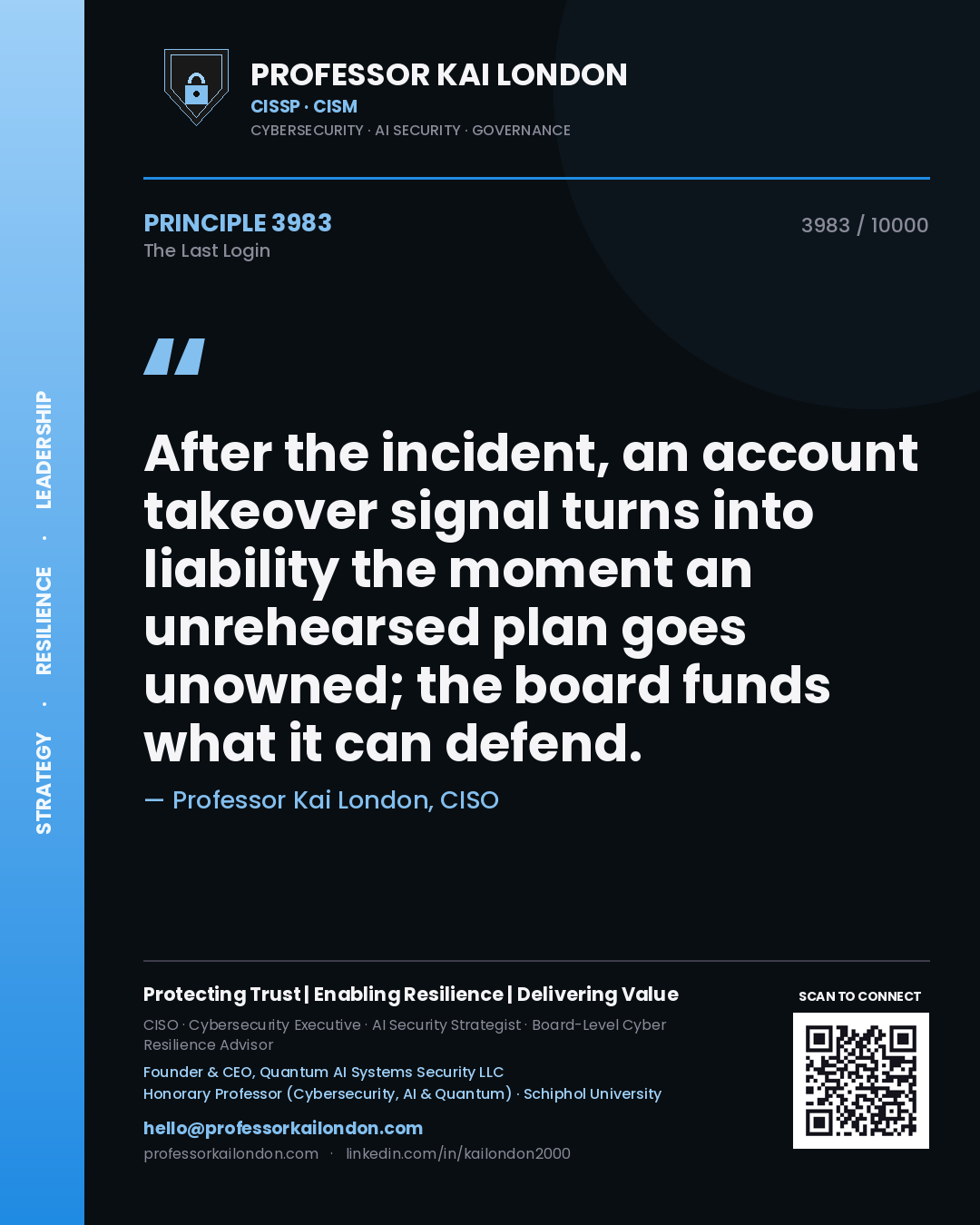 Quote card by Professor Kai London reading 'After the incident, an account takeover signal turns into liability the moment an unrehearsed plan goes unowned; the board funds what it can defend.'. From the book The Last Login.