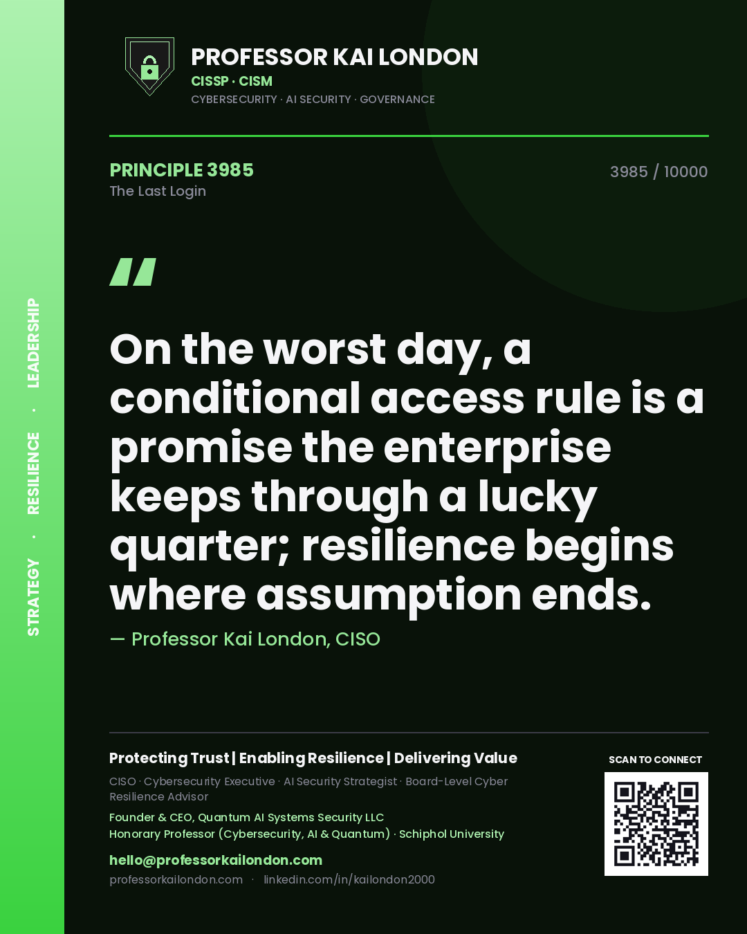 Quote card by Professor Kai London reading 'On the worst day, a conditional access rule is a promise the enterprise keeps through a lucky quarter; resilience begins where assumption ends.'. From the book The Last Login.