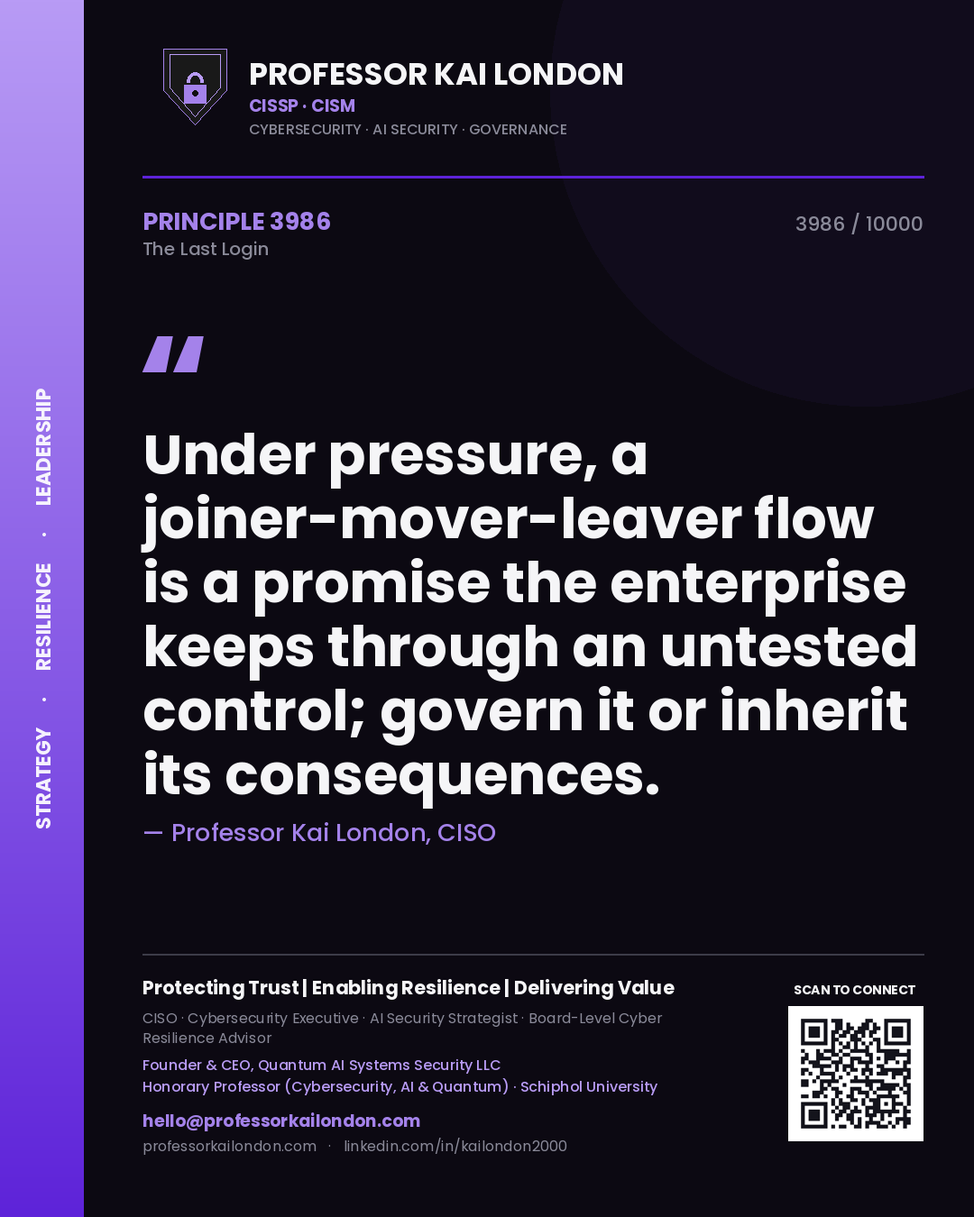 Quote card by Professor Kai London reading 'Under pressure, a joiner-mover-leaver flow is a promise the enterprise keeps through an untested control; govern it or inherit its consequences.'. From the book The Last Login.