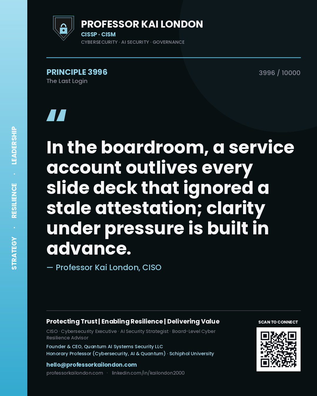 Professor Kai London principle 3996: In the boardroom, a service account outlives every slide deck that ignored a stale attestation; clarity under pressure is built in advance.