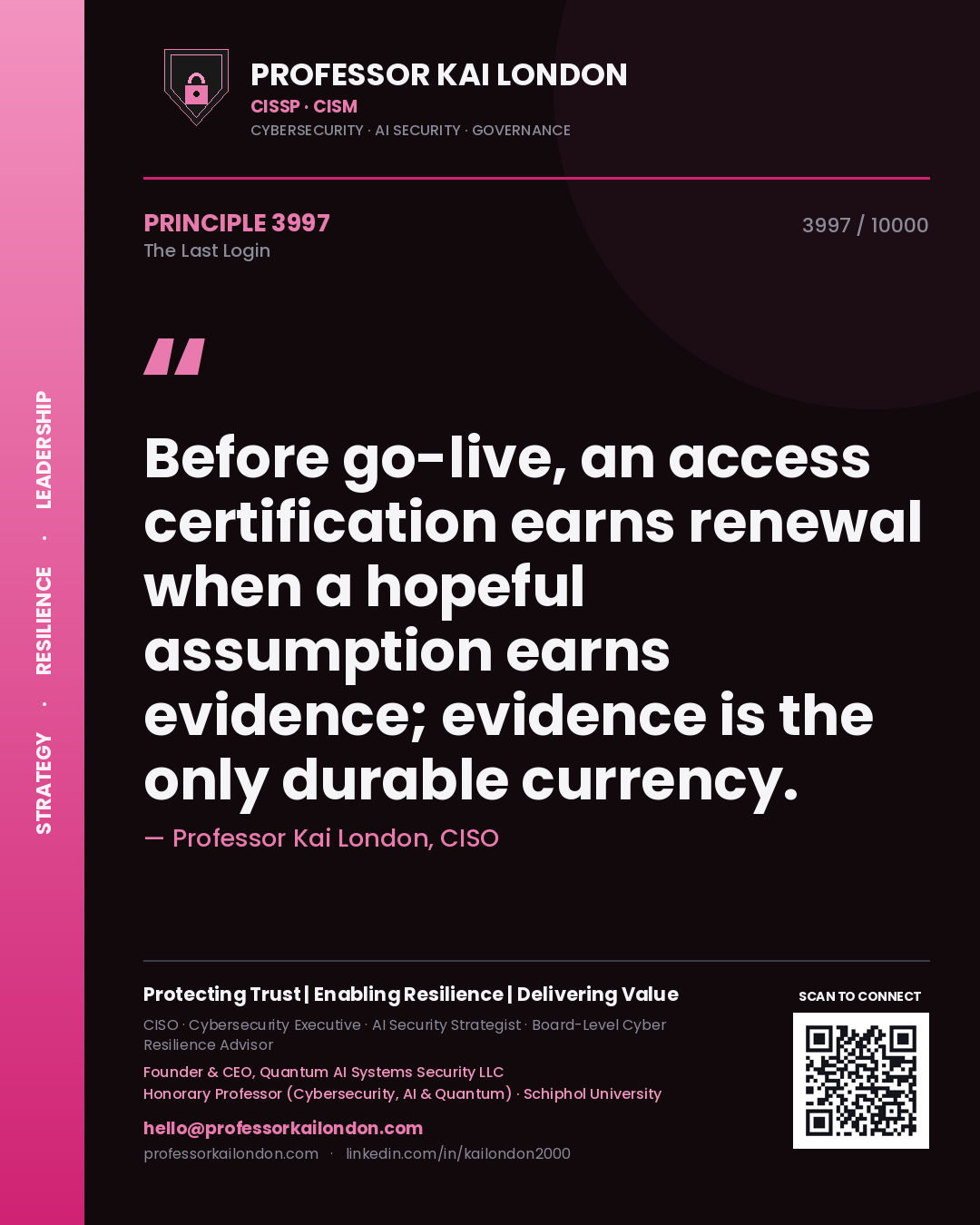 Quote card by Professor Kai London reading 'Before go-live, an access certification earns renewal when a hopeful assumption earns evidence; evidence is the only durable currency.'. From the book The Last Login.