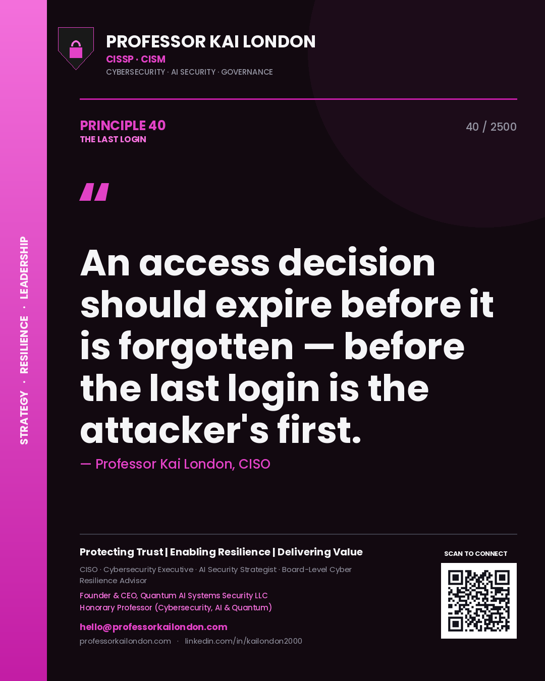 Quote card by Professor Kai London reading 'An access decision should expire before it is forgotten — before the last login is the attacker's first.'. From the book The Last Login.