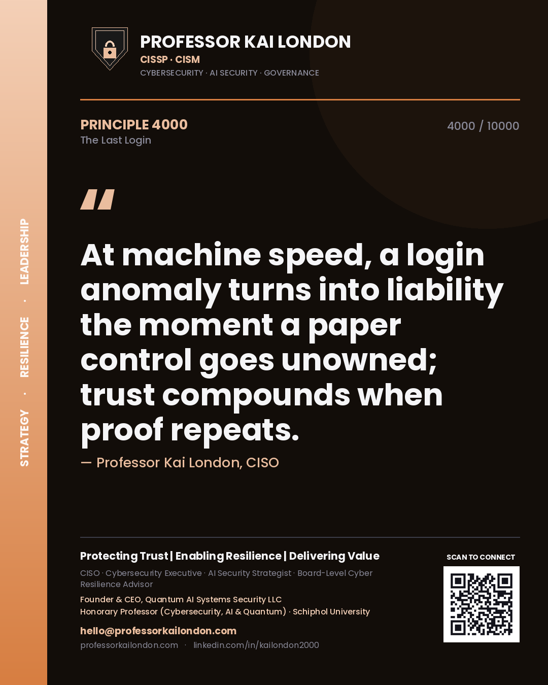 Quote card by Professor Kai London reading 'At machine speed, a login anomaly turns into liability the moment a paper control goes unowned; trust compounds when proof repeats.'. From the book The Last Login.