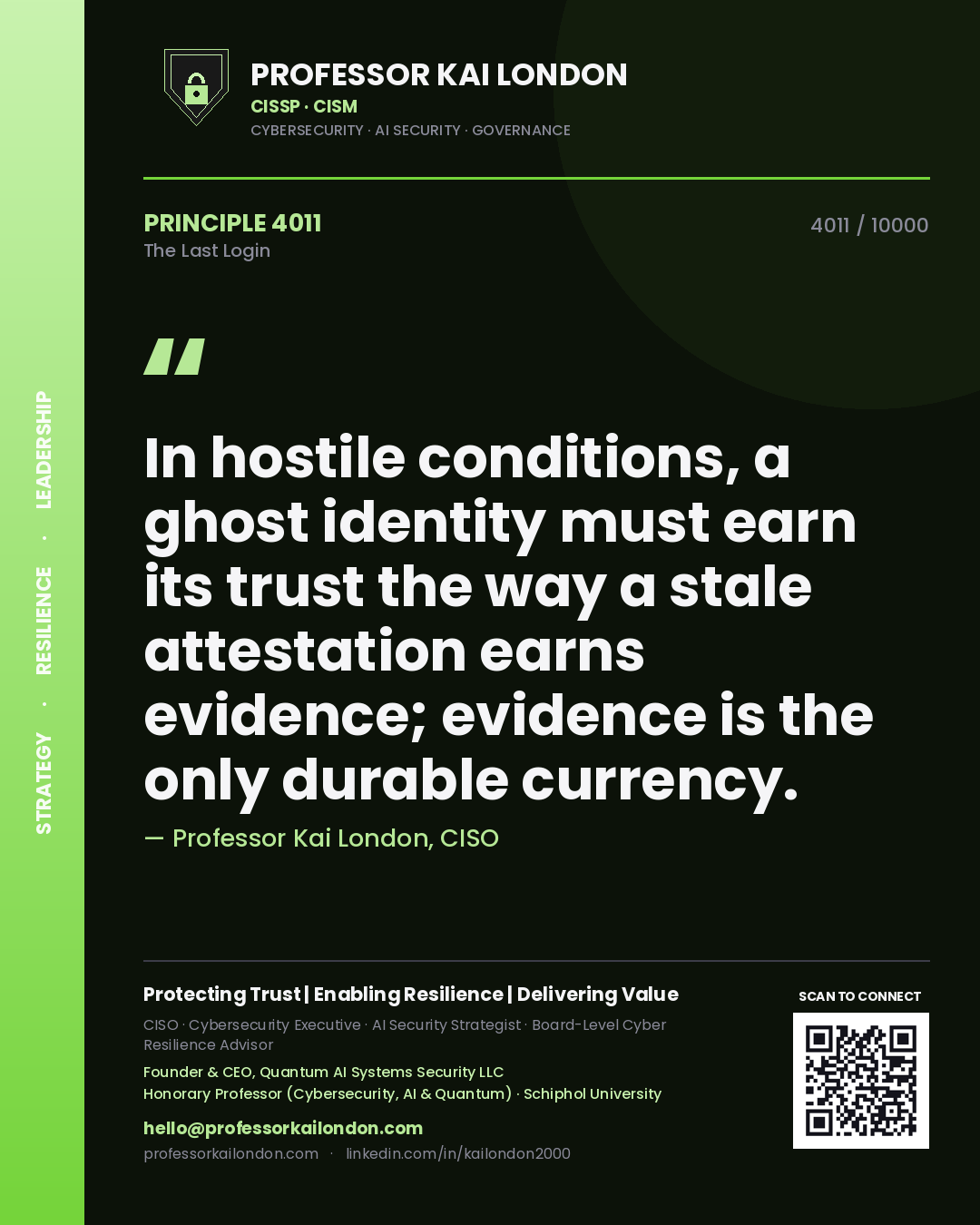 Quote card by Professor Kai London reading 'In hostile conditions, a ghost identity must earn its trust the way a stale attestation earns evidence; evidence is the only durable currency.'. From the book The Last Login.