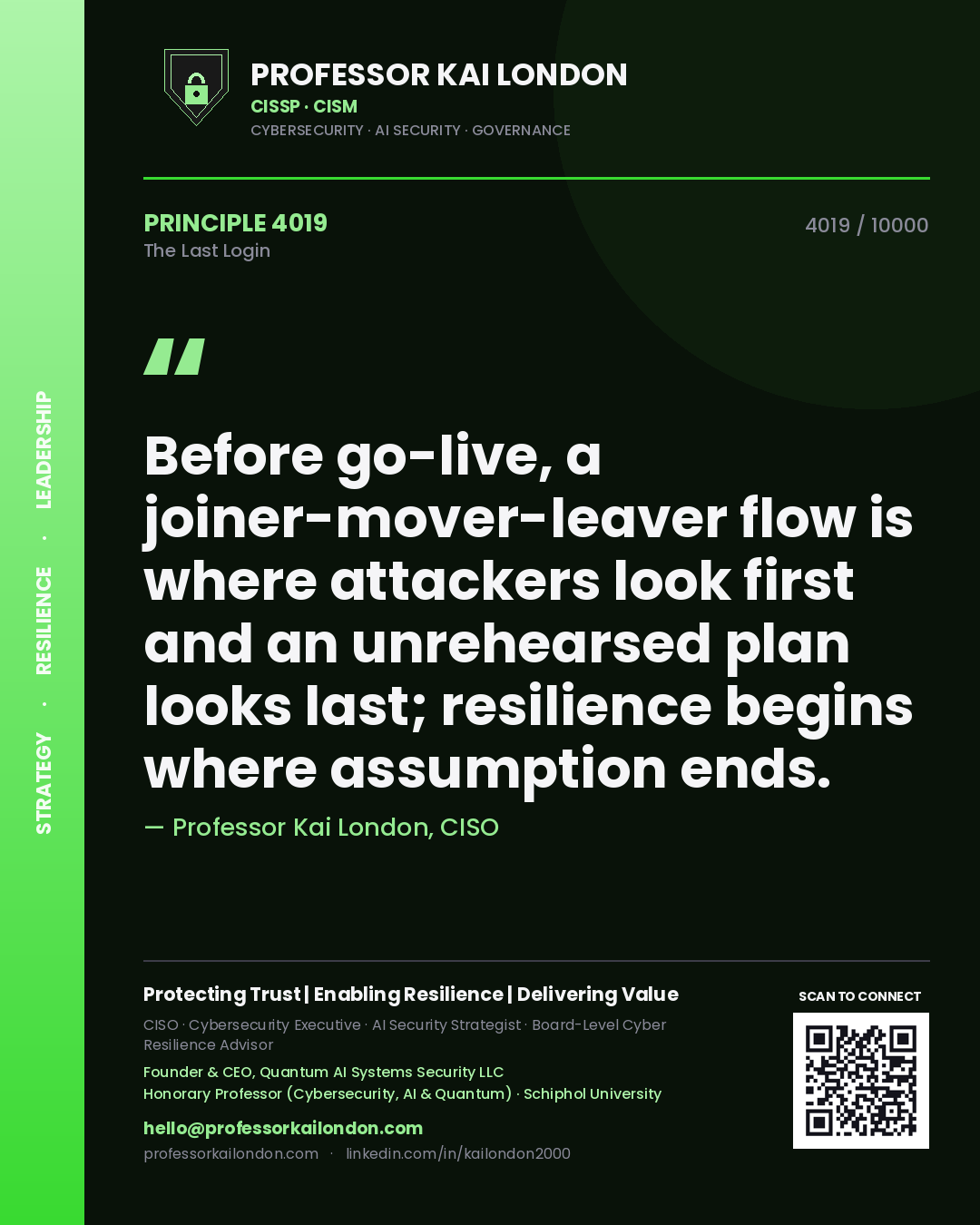 Quote card by Professor Kai London reading 'Before go-live, a joiner-mover-leaver flow is where attackers look first and an unrehearsed plan looks last; resilience begins where assumption ends.'. From the book The Last Login.