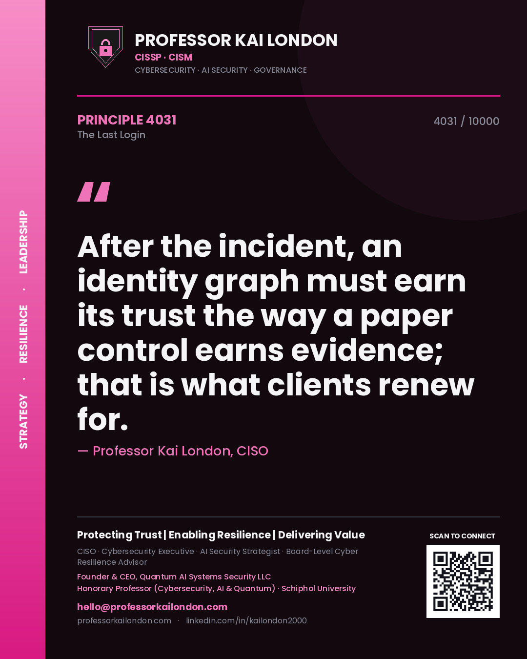 Professor Kai London principle 4031: After the incident, an identity graph must earn its trust the way a paper control earns evidence; that is what clients renew for.