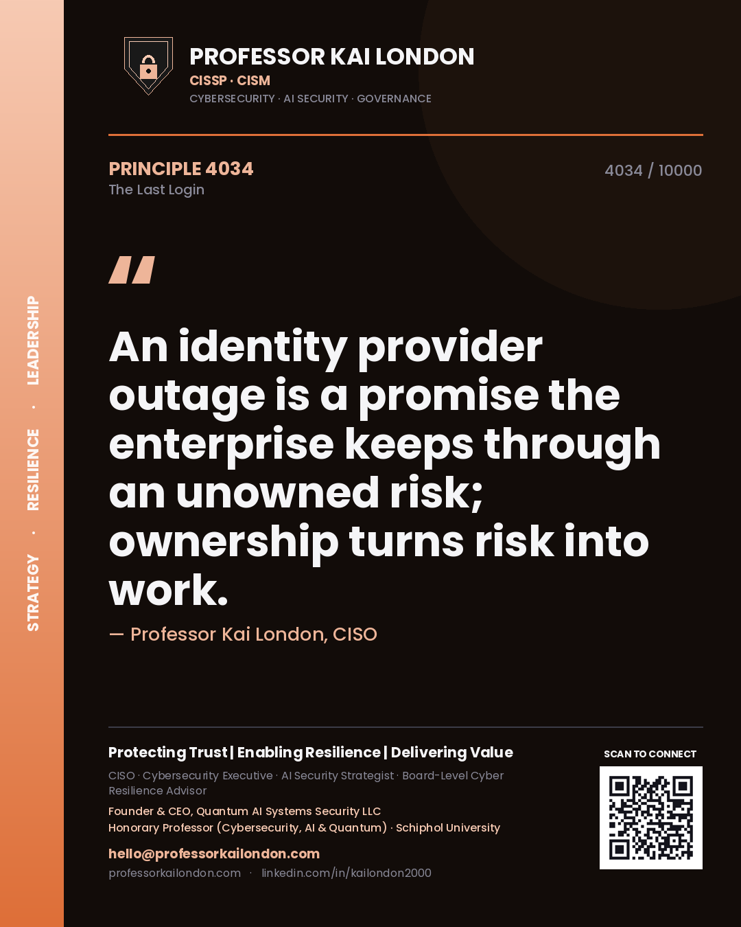 Quote card by Professor Kai London reading 'An identity provider outage is a promise the enterprise keeps through an unowned risk; ownership turns risk into work.'. From the book The Last Login.