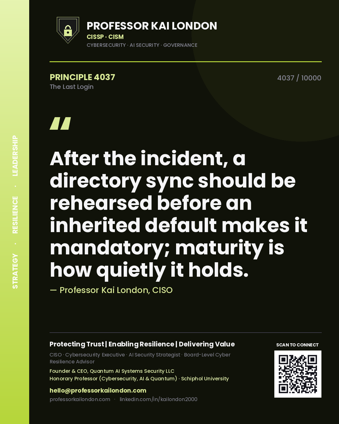 Quote card by Professor Kai London reading 'After the incident, a directory sync should be rehearsed before an inherited default makes it mandatory; maturity is how quietly it holds.'. From the book The Last Login.