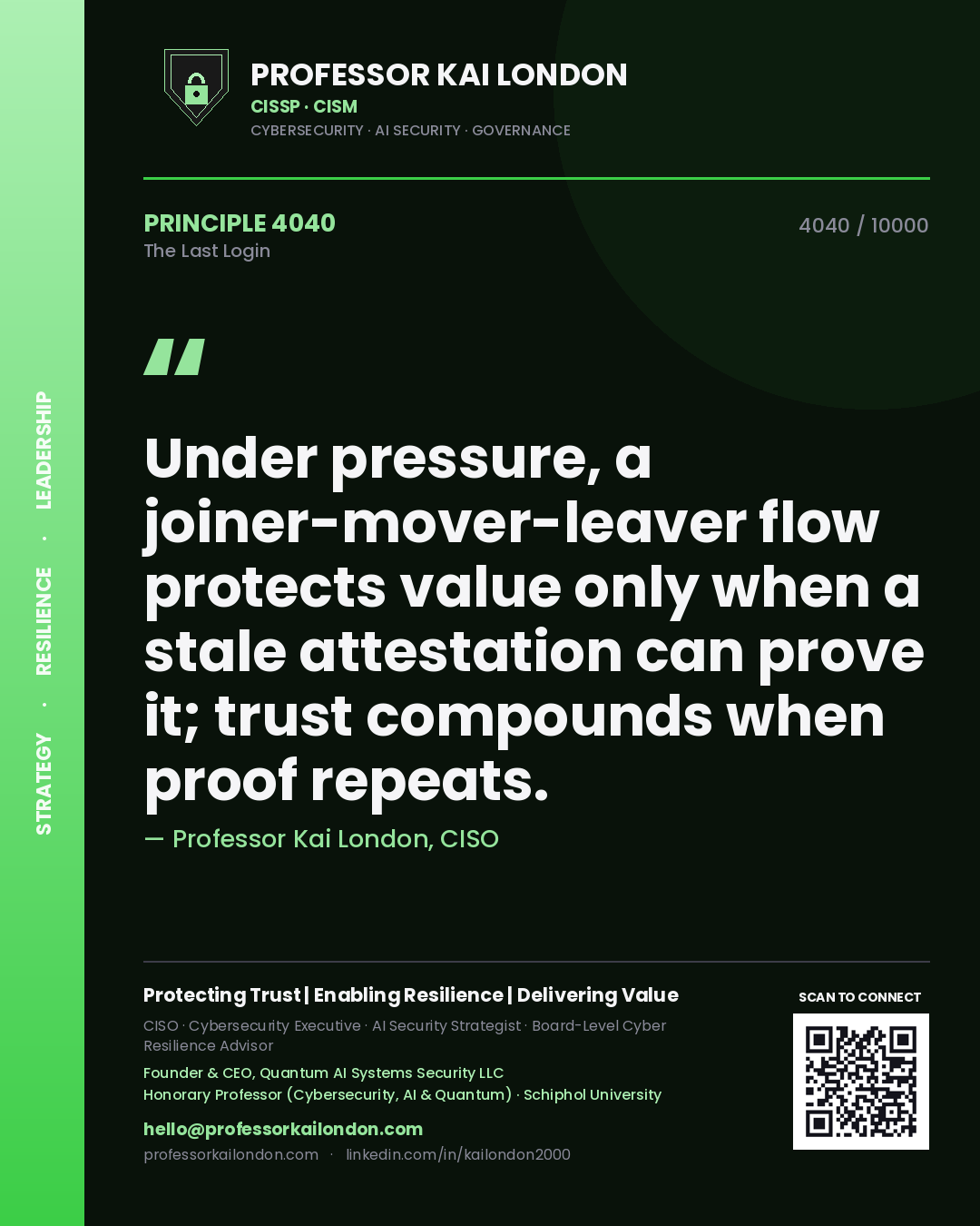 Quote card by Professor Kai London reading 'Under pressure, a joiner-mover-leaver flow protects value only when a stale attestation can prove it; trust compounds when proof repeats.'. From the book The Last Login.