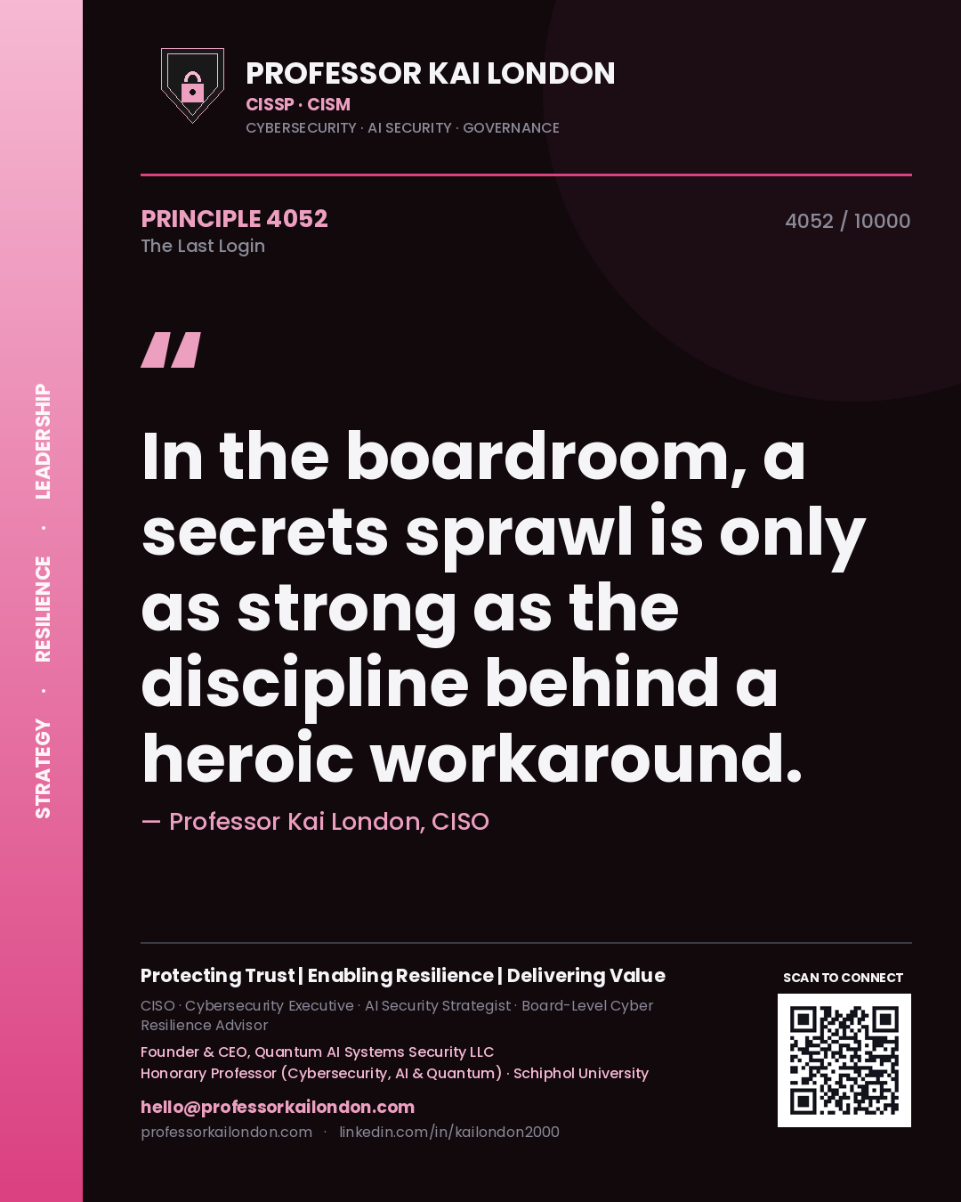 Quote card by Professor Kai London reading 'In the boardroom, a secrets sprawl is only as strong as the discipline behind a heroic workaround.'. From the book The Last Login.