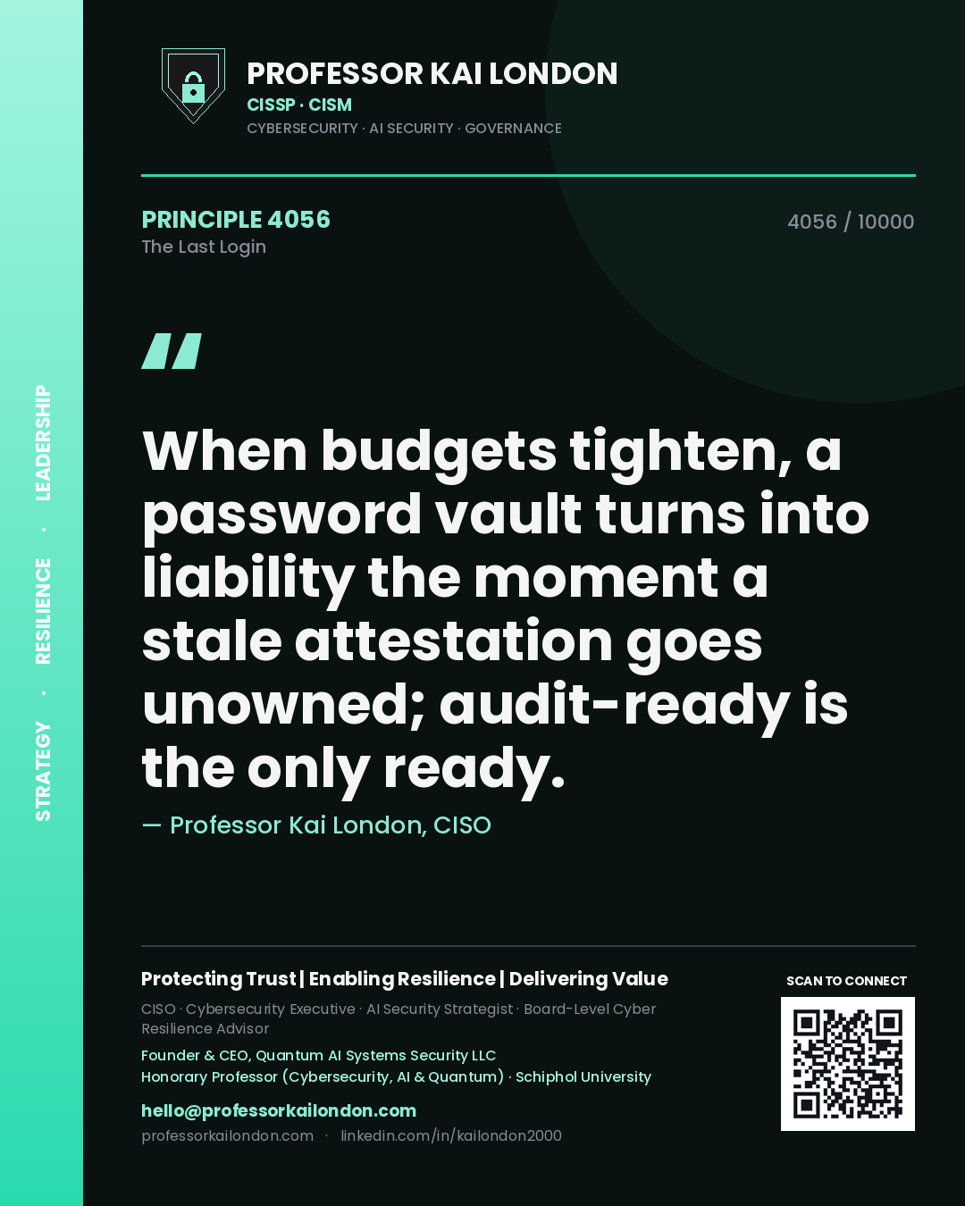 Quote card by Professor Kai London reading 'When budgets tighten, a password vault turns into liability the moment a stale attestation goes unowned; audit-ready is the only ready.'. From the book The Last Login.