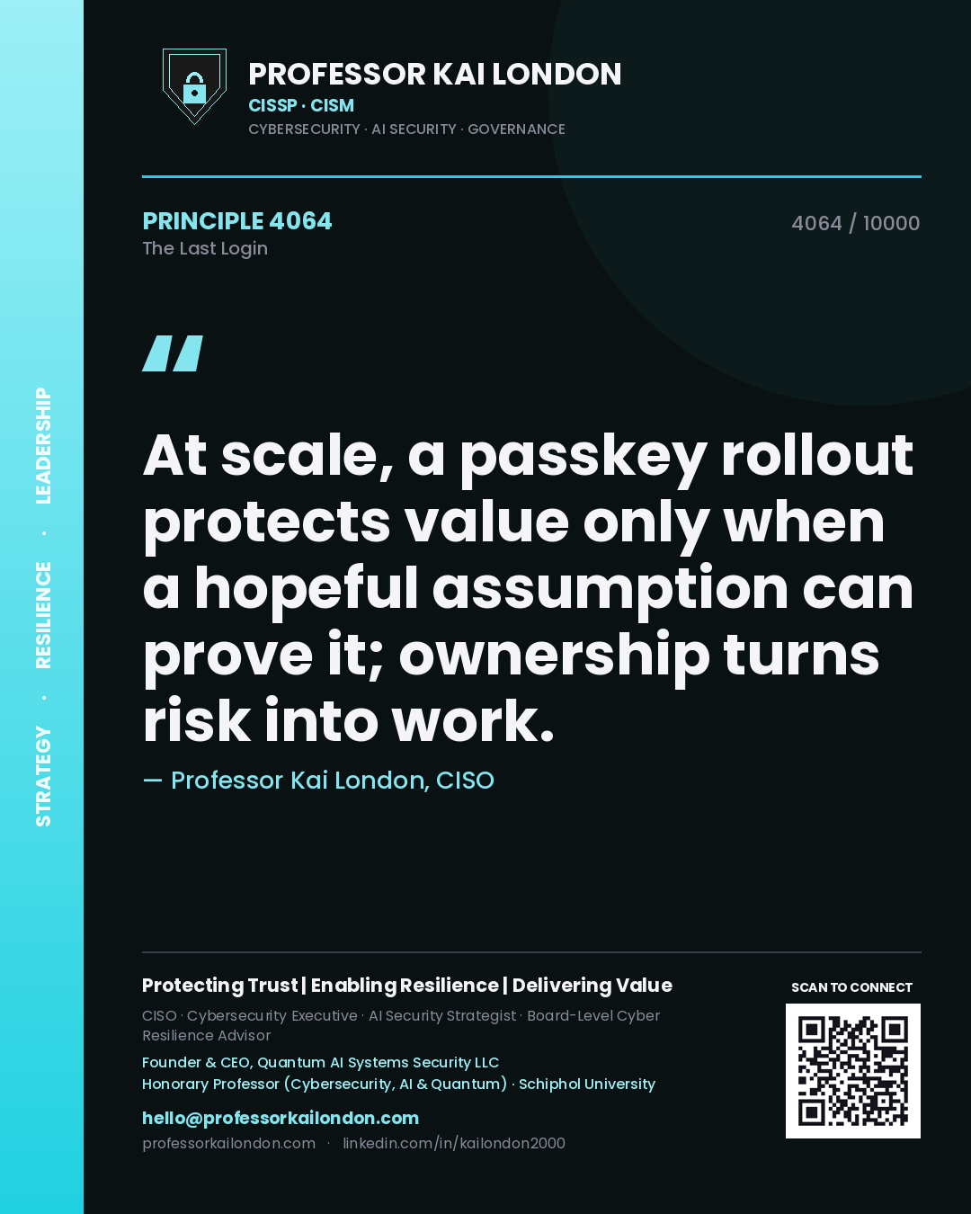 Quote card by Professor Kai London reading 'At scale, a passkey rollout protects value only when a hopeful assumption can prove it; ownership turns risk into work.'. From the book The Last Login.