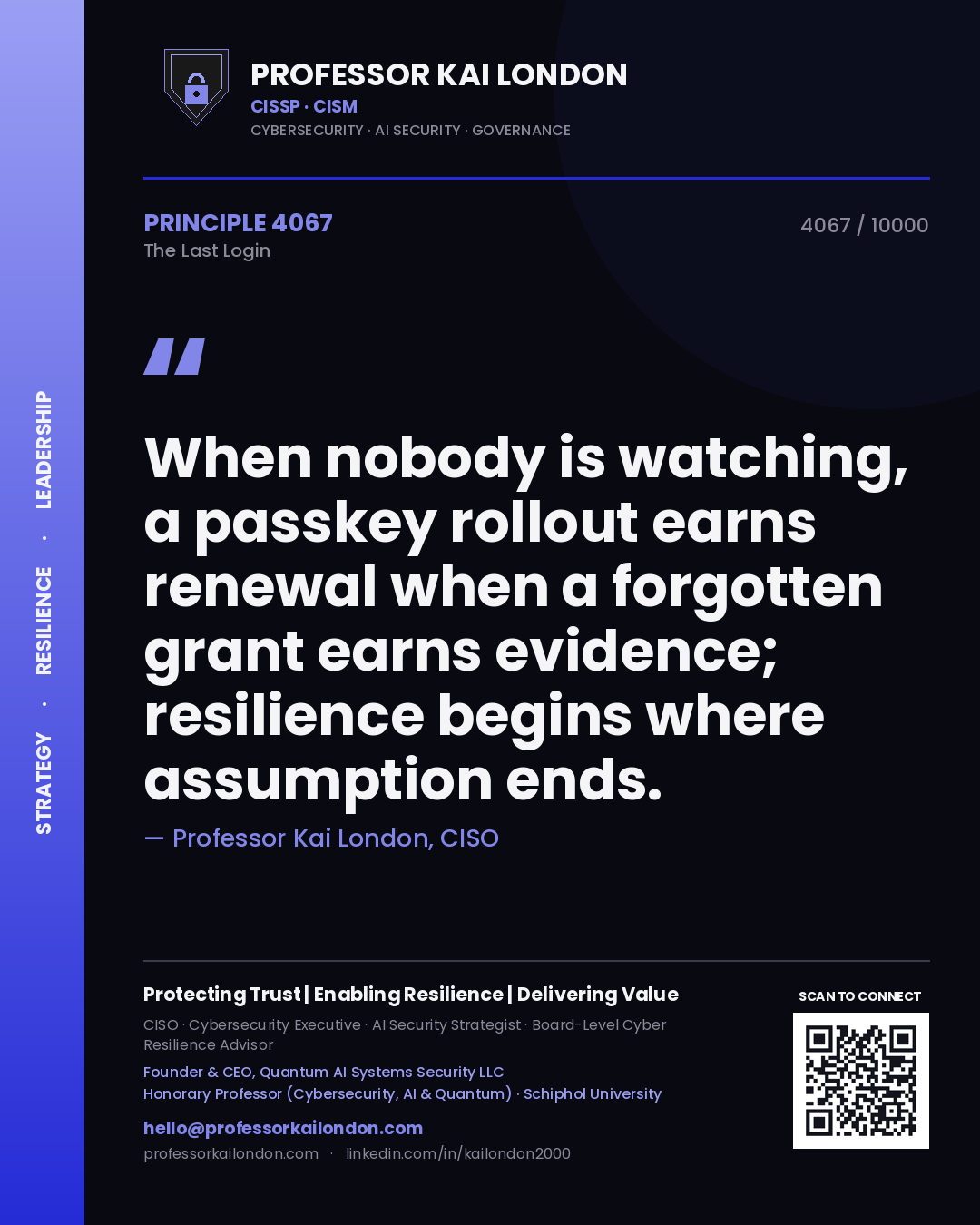 Quote card by Professor Kai London reading 'When nobody is watching, a passkey rollout earns renewal when a forgotten grant earns evidence; resilience begins where assumption ends.'. From the book The Last Login.