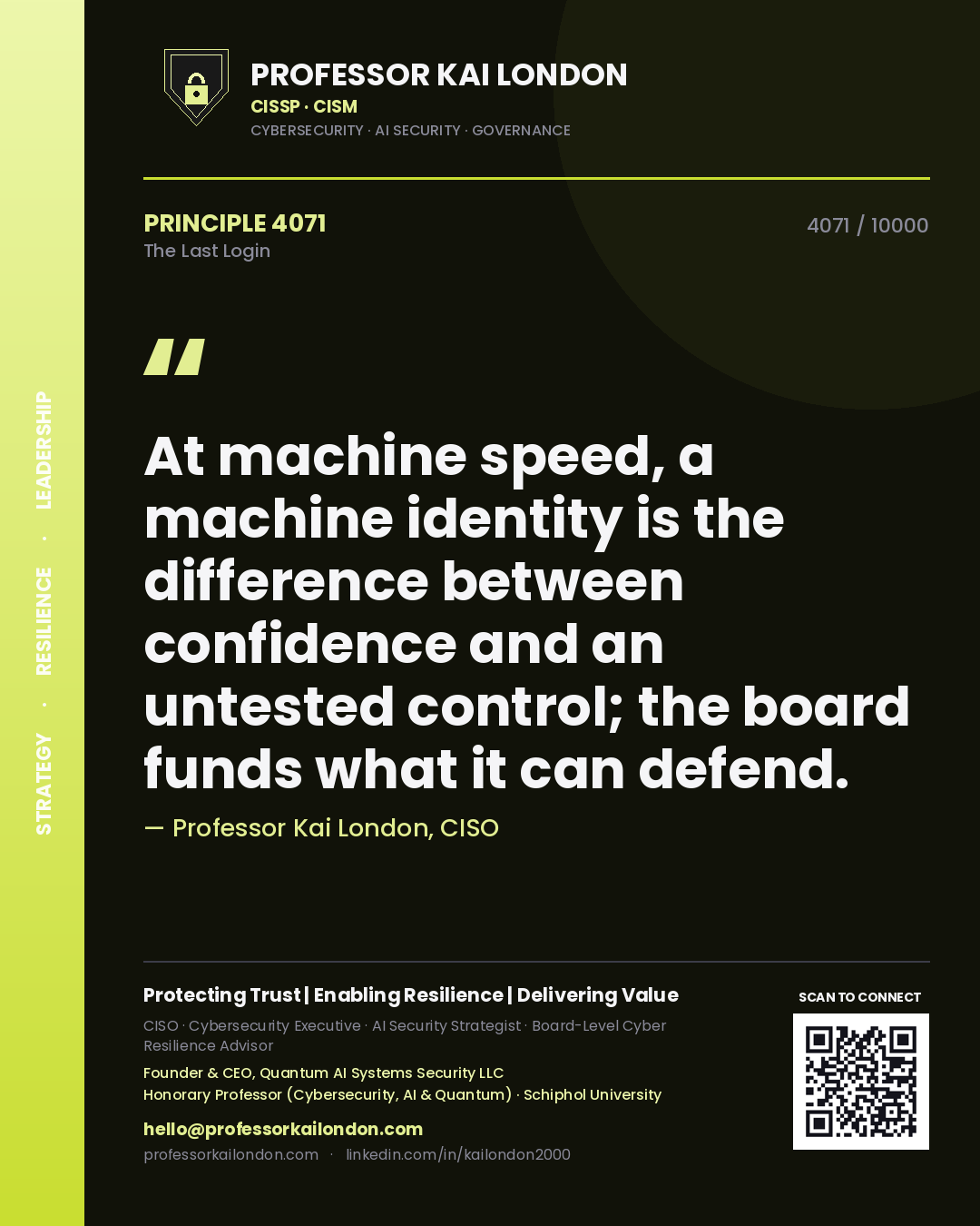 Professor Kai London principle 4071: At machine speed, a machine identity is the difference between confidence and an untested control; the board funds what it can defend.
