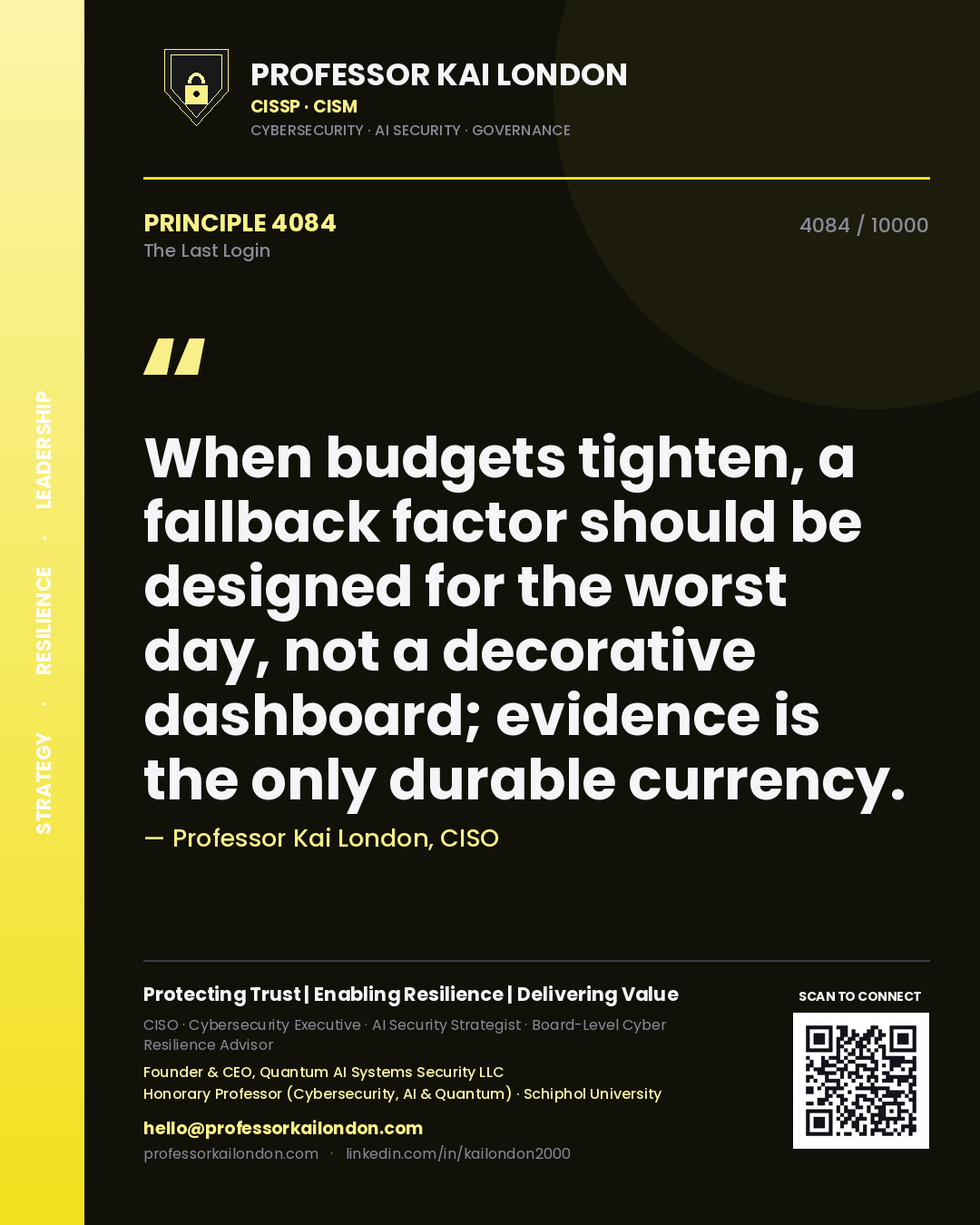 Quote card by Professor Kai London reading 'When budgets tighten, a fallback factor should be designed for the worst day, not a decorative dashboard; evidence is the only durable currency.'. From the book The Last Login.