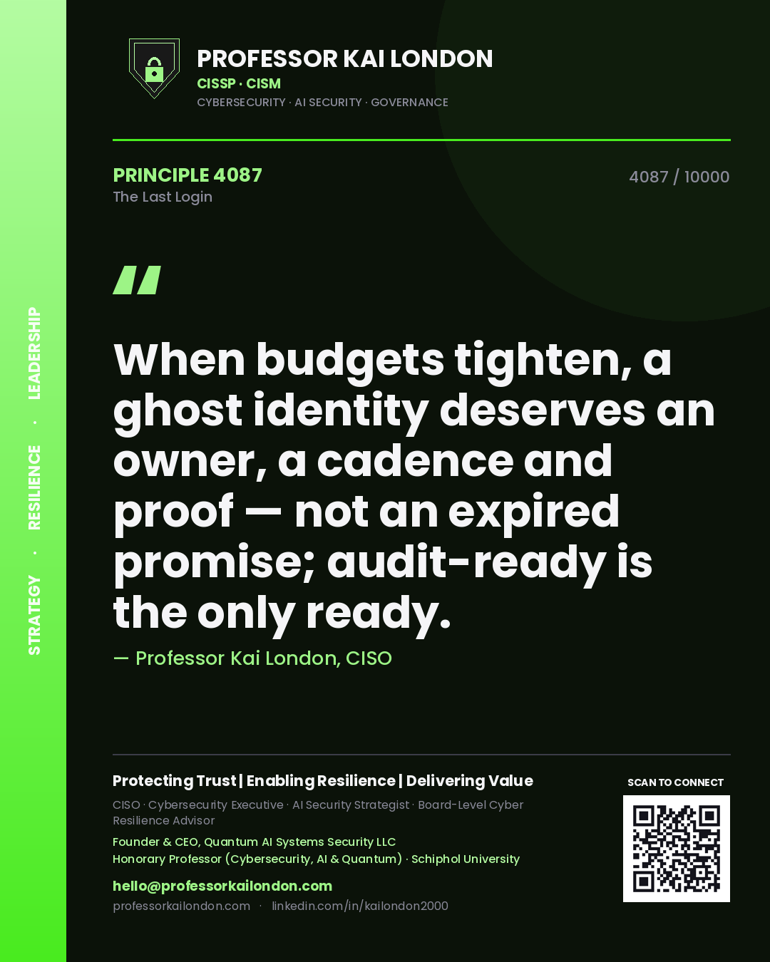Quote card by Professor Kai London reading 'When budgets tighten, a ghost identity deserves an owner, a cadence and proof — not an expired promise; audit-ready is the only ready.'. From the book The Last Login.