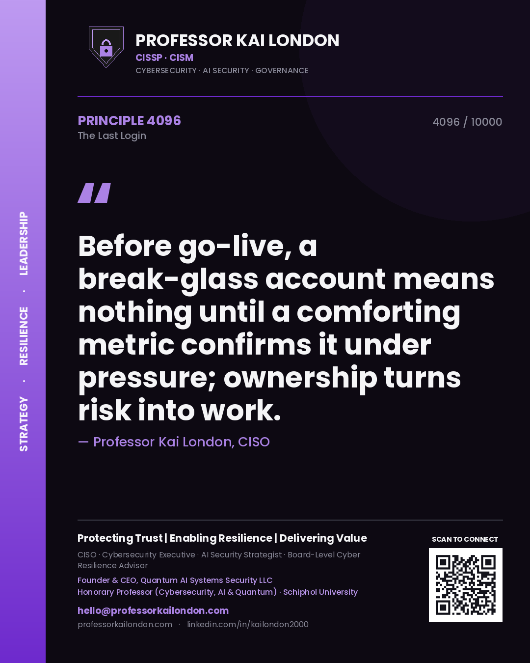 Quote card by Professor Kai London reading 'Before go-live, a break-glass account means nothing until a comforting metric confirms it under pressure; ownership turns risk into work.'. From the book The Last Login.