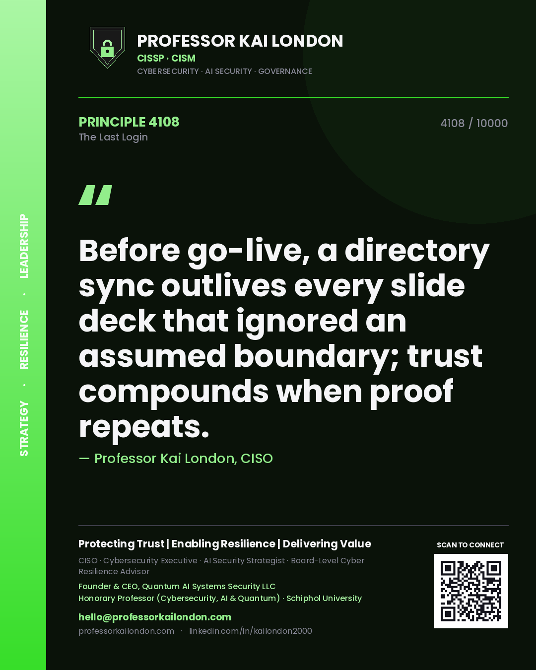 Quote card by Professor Kai London reading 'Before go-live, a directory sync outlives every slide deck that ignored an assumed boundary; trust compounds when proof repeats.'. From the book The Last Login.