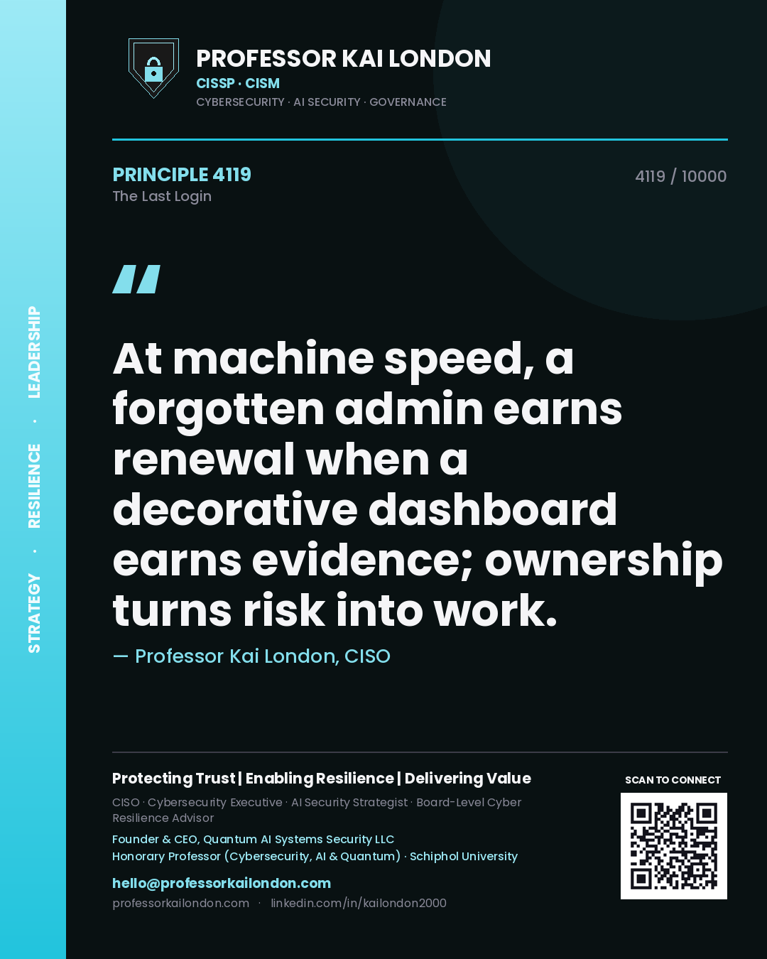 Quote card by Professor Kai London reading 'At machine speed, a forgotten admin earns renewal when a decorative dashboard earns evidence; ownership turns risk into work.'. From the book The Last Login.