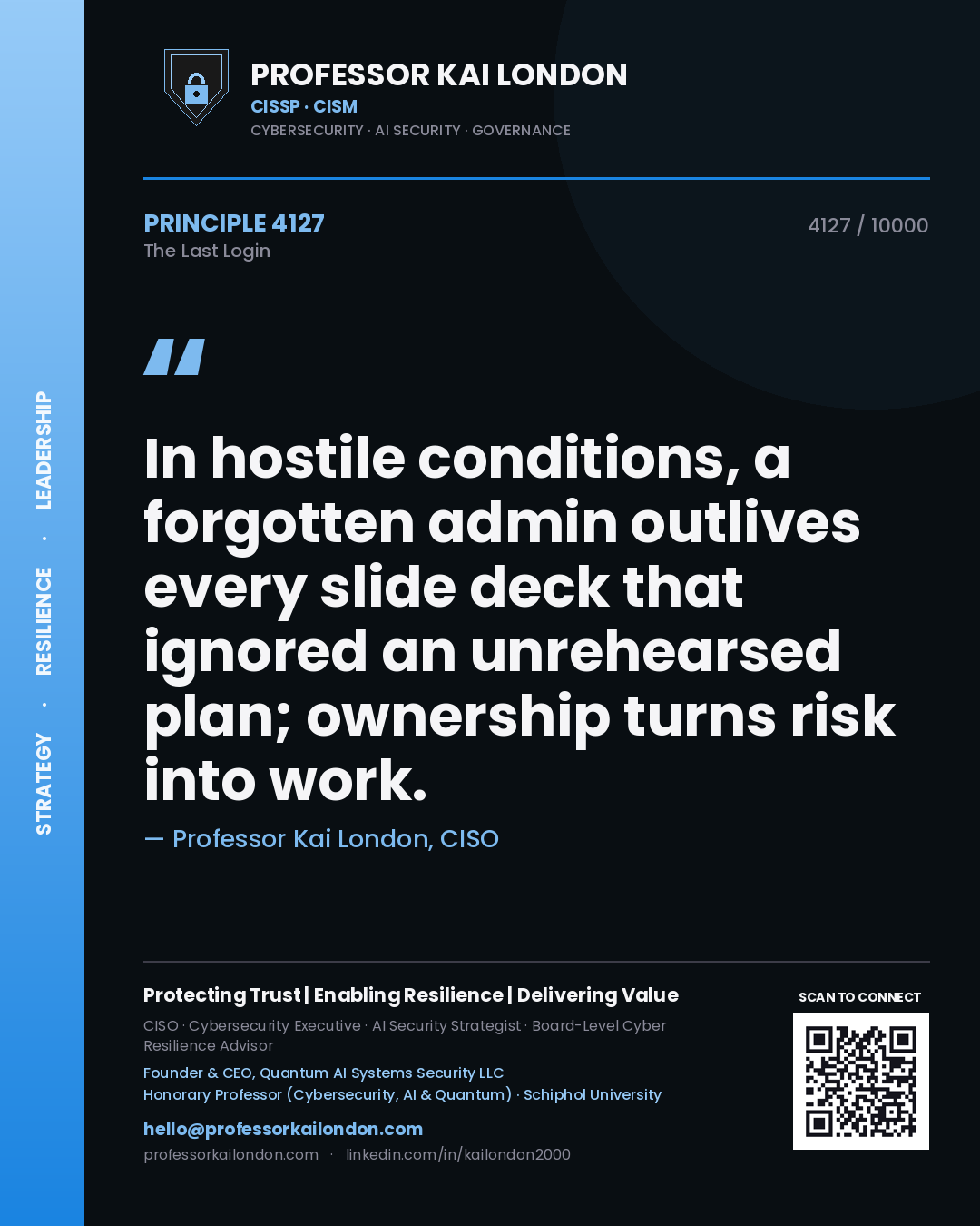 Professor Kai London principle 4127: In hostile conditions, a forgotten admin outlives every slide deck that ignored an unrehearsed plan; ownership turns risk into work.