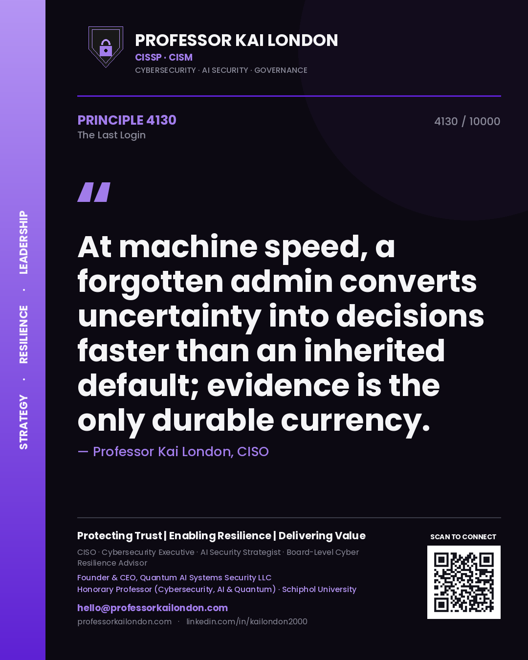 Quote card by Professor Kai London reading 'At machine speed, a forgotten admin converts uncertainty into decisions faster than an inherited default; evidence is the only durable currency.'. From the book The Last Login.