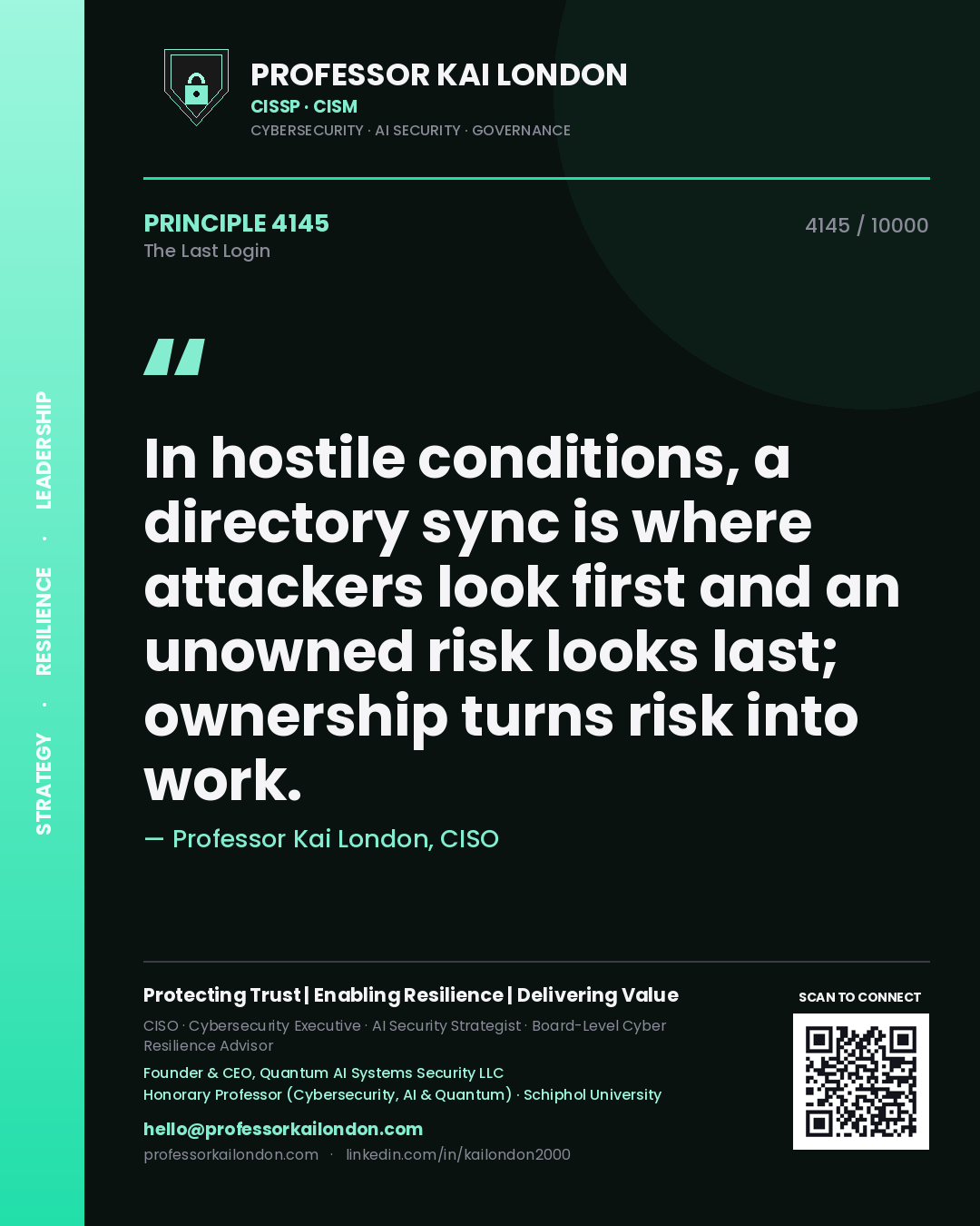 Professor Kai London principle 4145: In hostile conditions, a directory sync is where attackers look first and an unowned risk looks last; ownership turns risk into work.