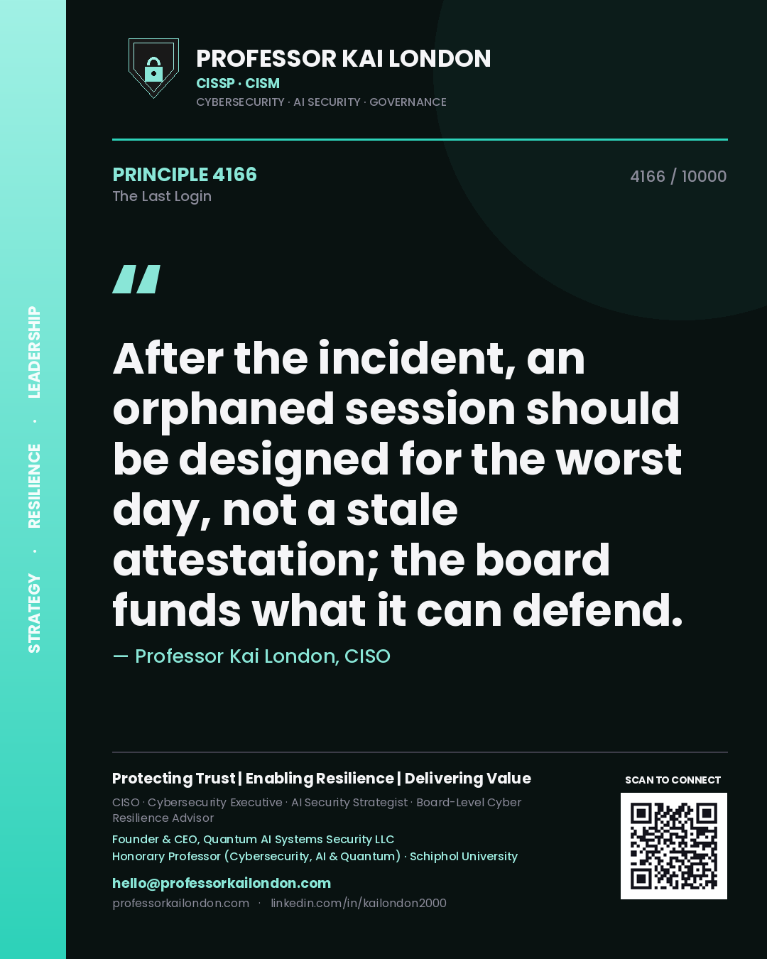 Quote card by Professor Kai London reading 'After the incident, an orphaned session should be designed for the worst day, not a stale attestation; the board funds what it can defend.'. From the book The Last Login.