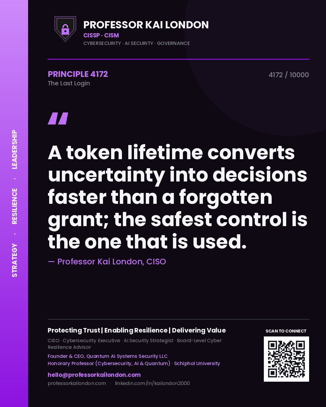 Professor Kai London principle 4172: A token lifetime converts uncertainty into decisions faster than a forgotten grant; the safest control is the one that is used.