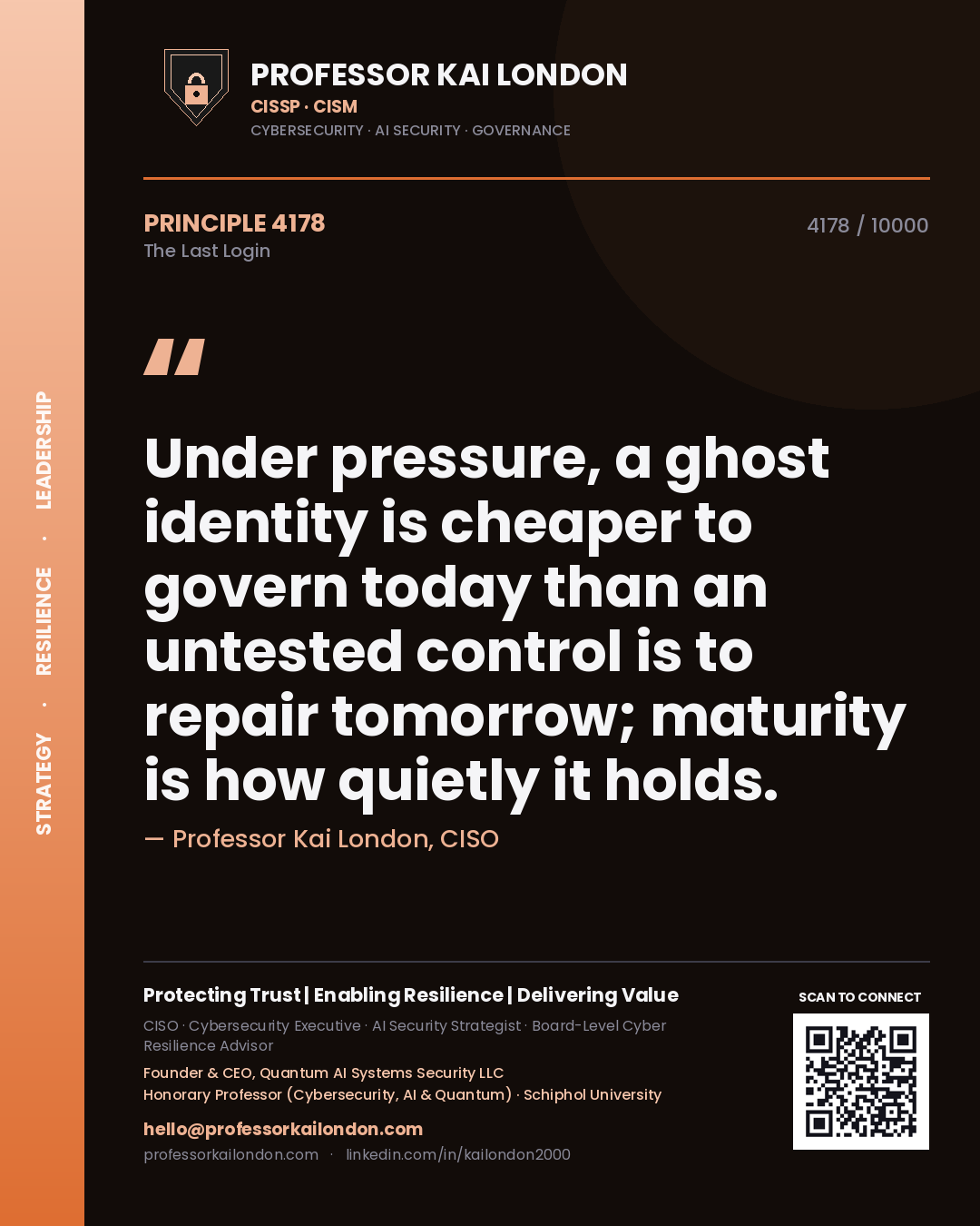 Quote card by Professor Kai London reading 'Under pressure, a ghost identity is cheaper to govern today than an untested control is to repair tomorrow; maturity is how quietly it holds.'. From the book The Last Login.