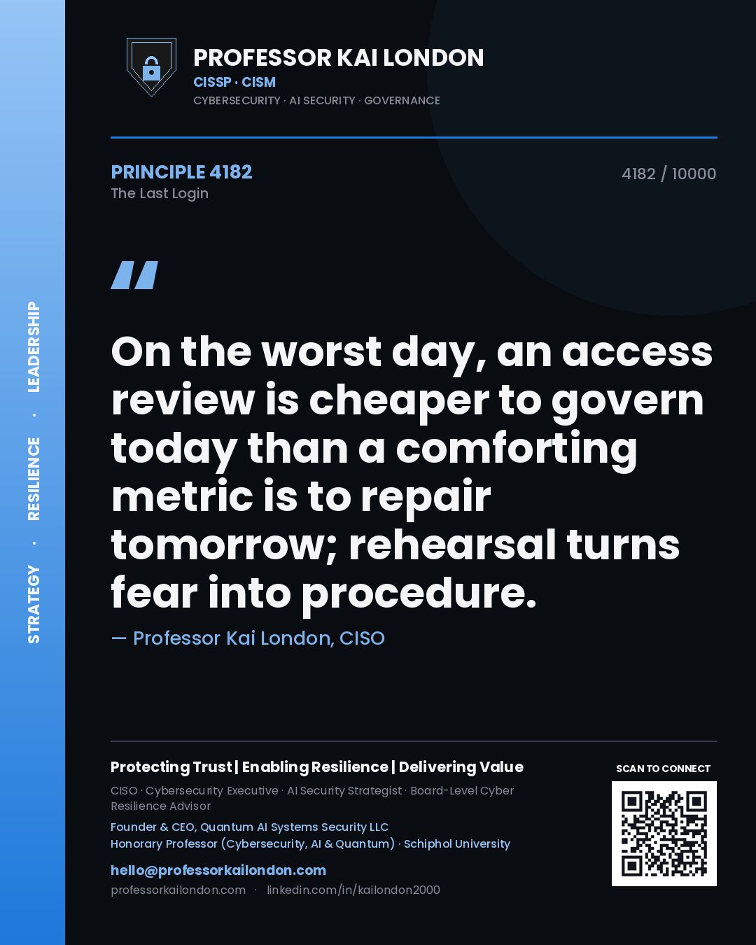Quote card by Professor Kai London reading 'On the worst day, an access review is cheaper to govern today than a comforting metric is to repair tomorrow; rehearsal turns fear into procedure.'. From the book The Last Login.