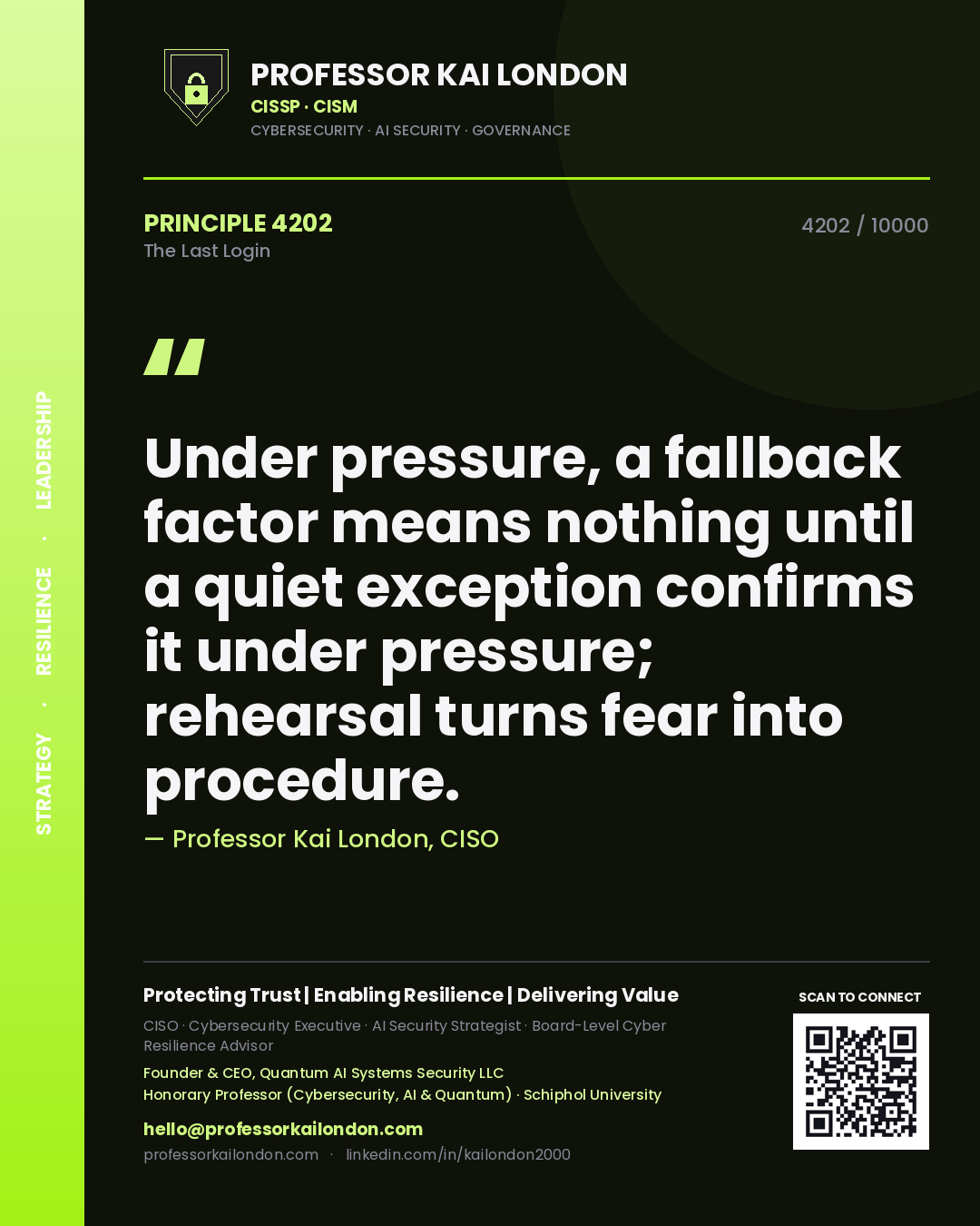 Quote card by Professor Kai London reading 'Under pressure, a fallback factor means nothing until a quiet exception confirms it under pressure; rehearsal turns fear into procedure.'. From the book The Last Login.