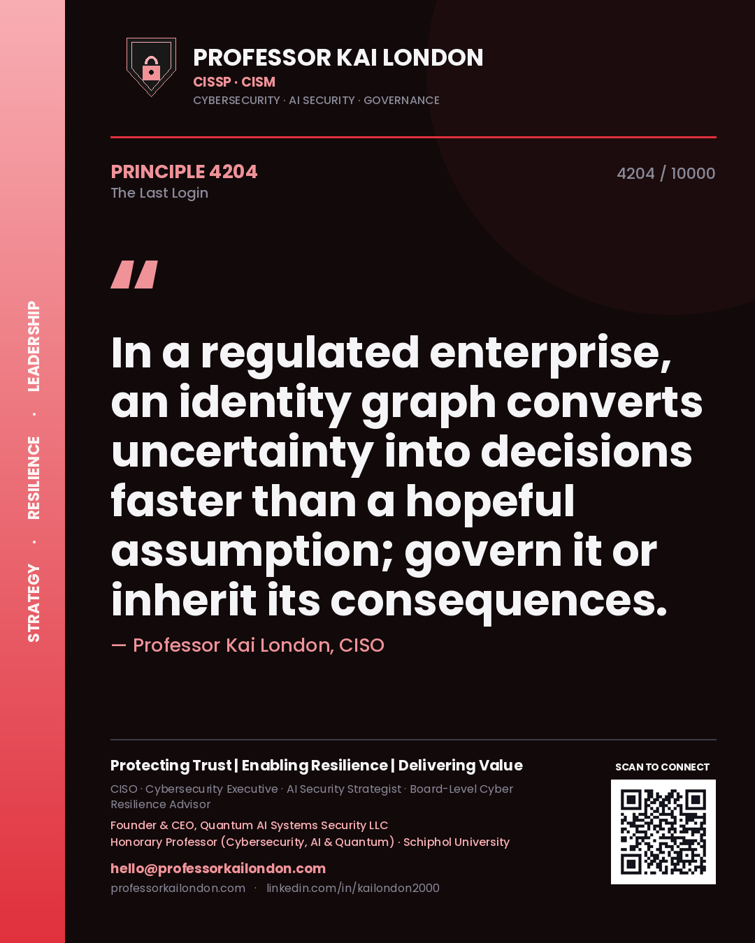 Quote card by Professor Kai London reading 'In a regulated enterprise, an identity graph converts uncertainty into decisions faster than a hopeful assumption; govern it or inherit its consequences.'. From the book The Last Login.
