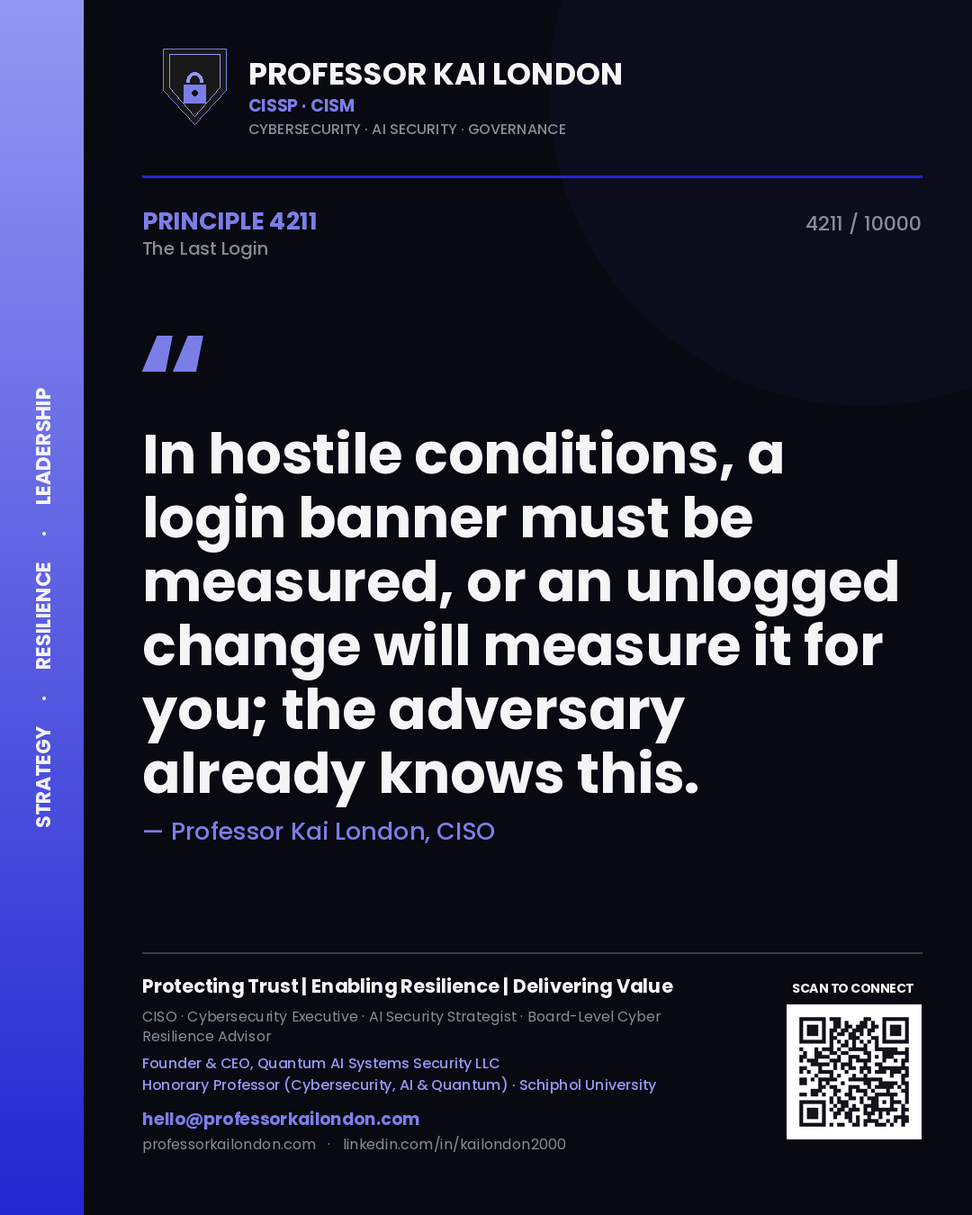 Professor Kai London principle 4211: In hostile conditions, a login banner must be measured, or an unlogged change will measure it for you; the adversary already knows this.