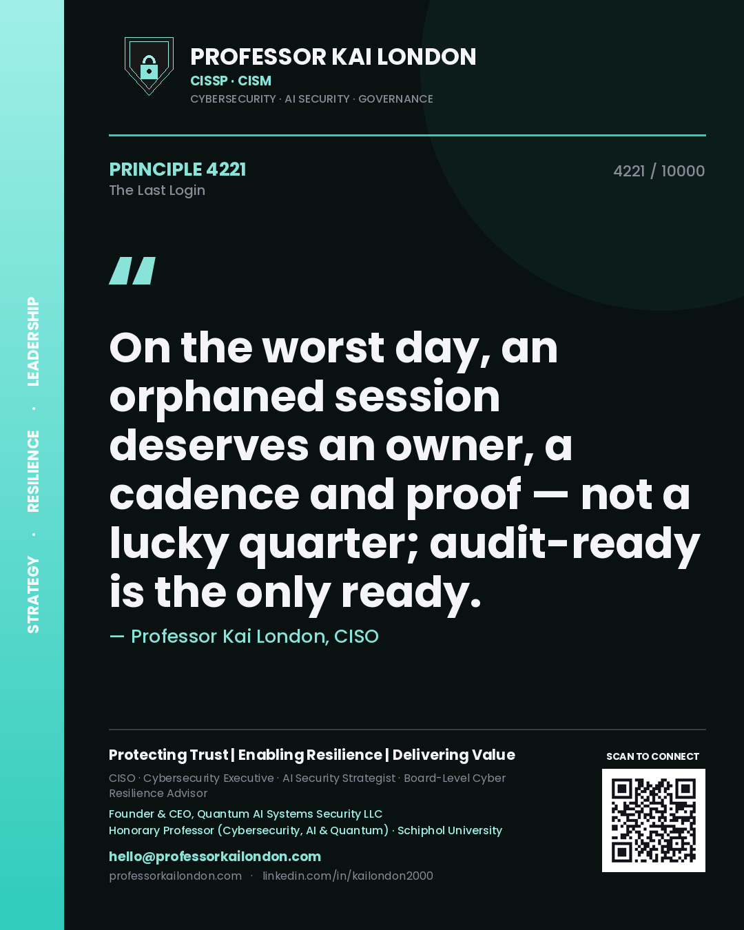 Professor Kai London principle 4221: On the worst day, an orphaned session deserves an owner, a cadence and proof — not a lucky quarter; audit-ready is the only ready.