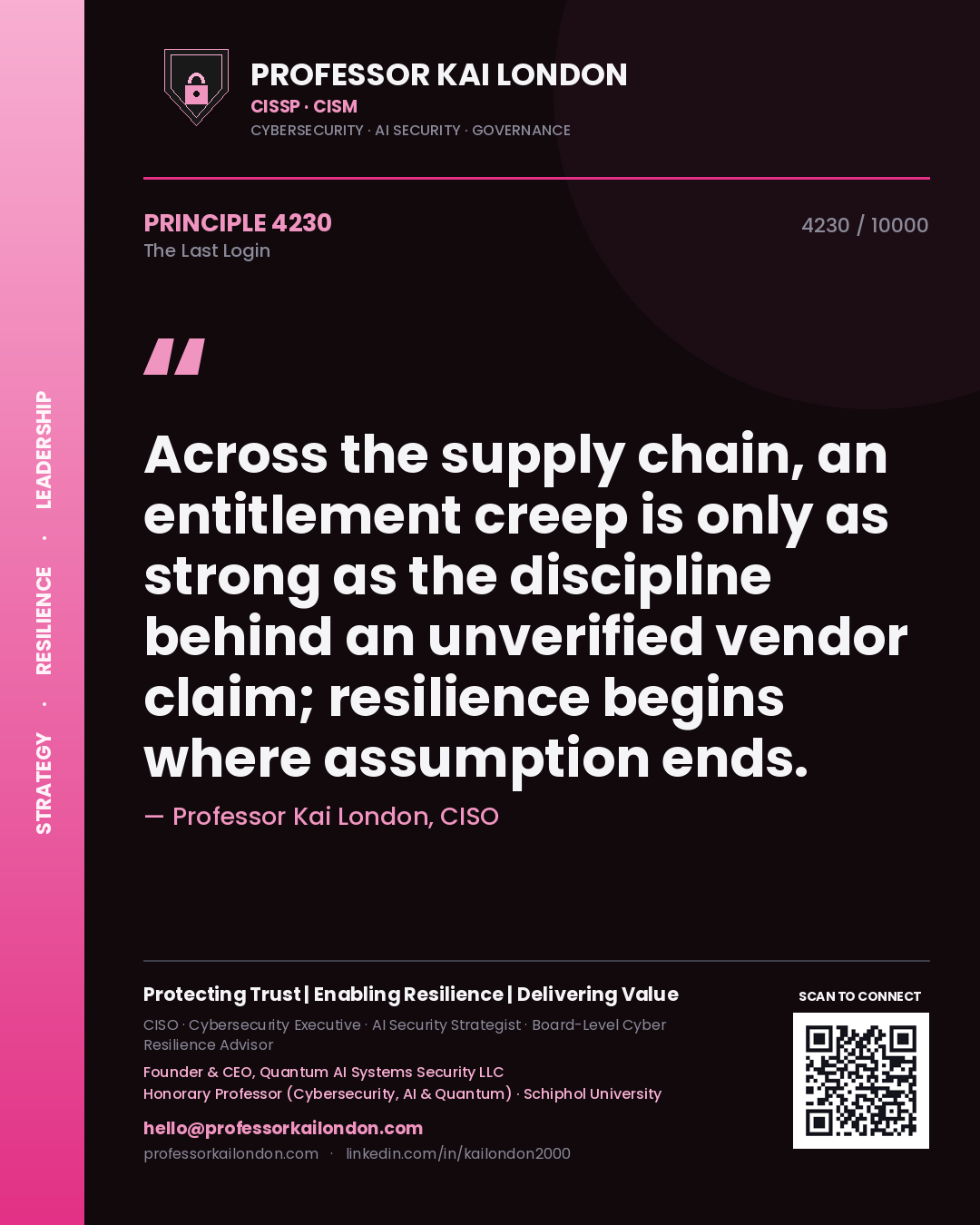 Quote card by Professor Kai London reading 'Across the supply chain, an entitlement creep is only as strong as the discipline behind an unverified vendor claim; resilience begins where assumption ends.'. From the book The Last Login.