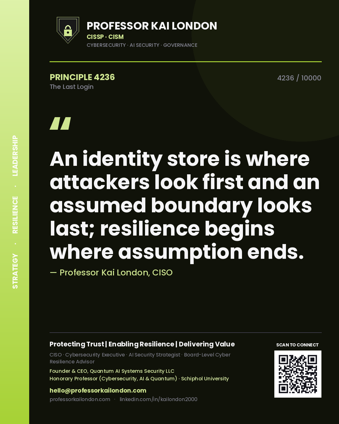 Professor Kai London principle 4236: An identity store is where attackers look first and an assumed boundary looks last; resilience begins where assumption ends.