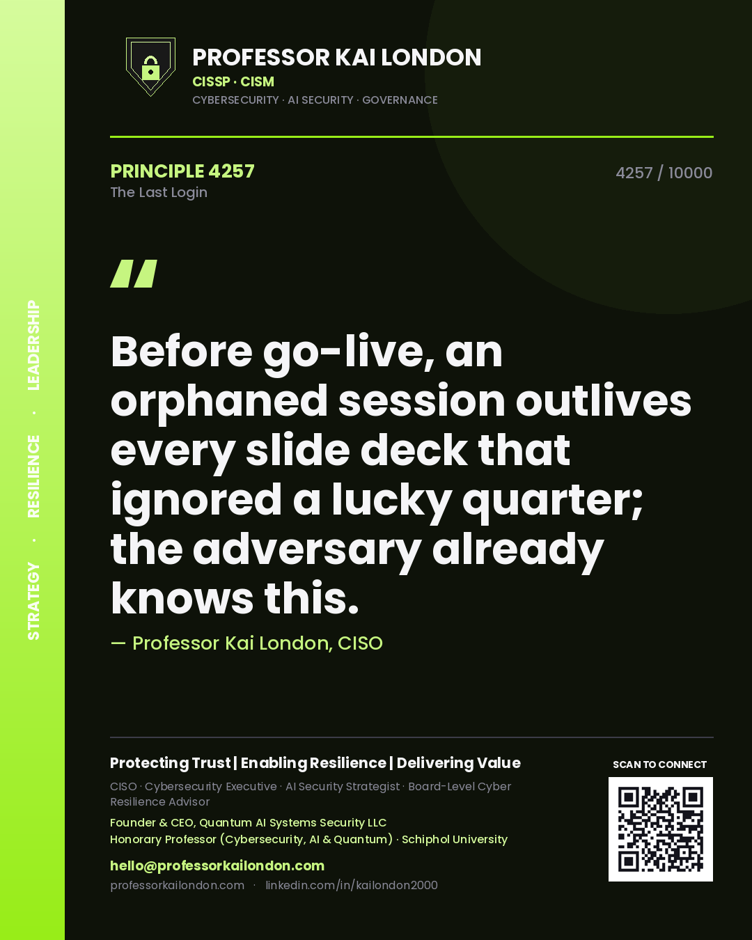Professor Kai London principle 4257: Before go-live, an orphaned session outlives every slide deck that ignored a lucky quarter; the adversary already knows this.