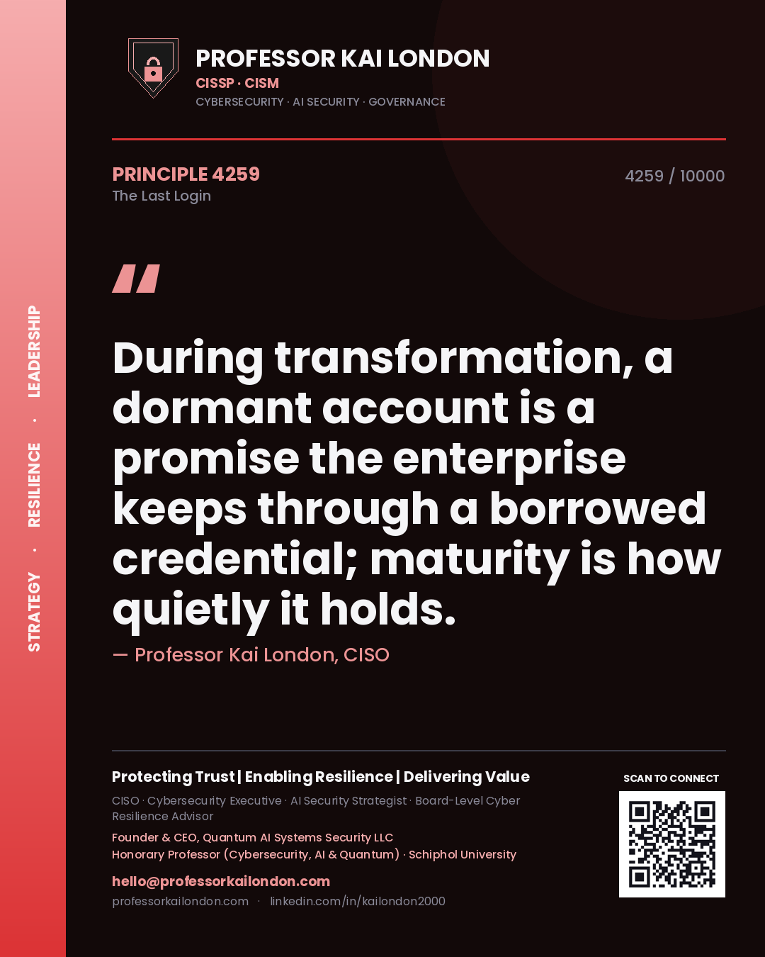 Professor Kai London principle 4259: During transformation, a dormant account is a promise the enterprise keeps through a borrowed credential; maturity is how quietly it holds.