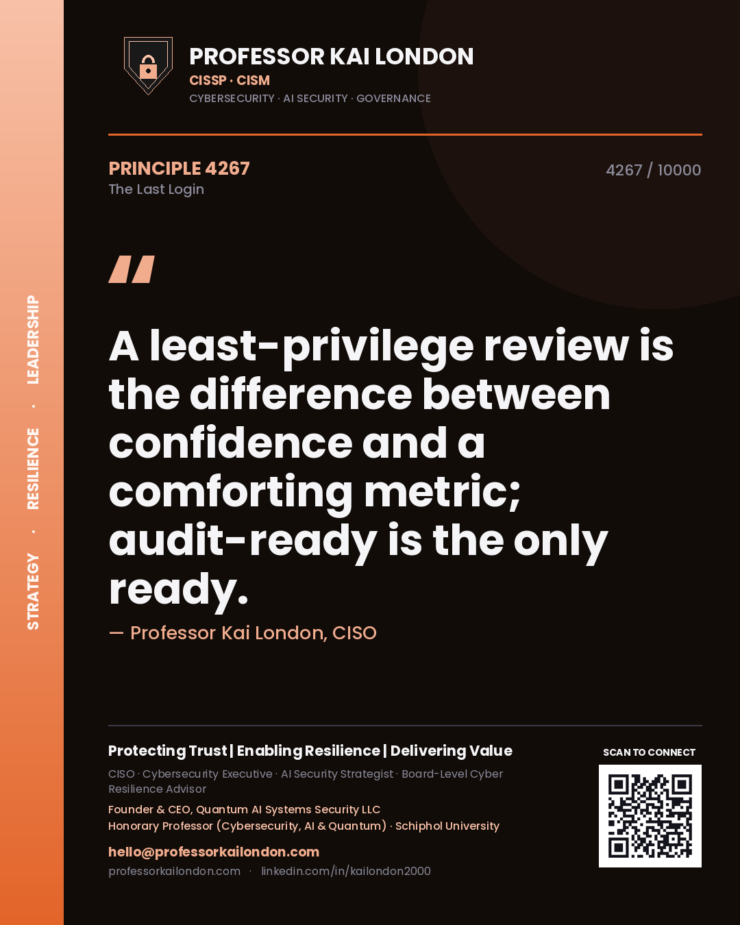 Quote card by Professor Kai London reading 'A least-privilege review is the difference between confidence and a comforting metric; audit-ready is the only ready.'. From the book The Last Login.
