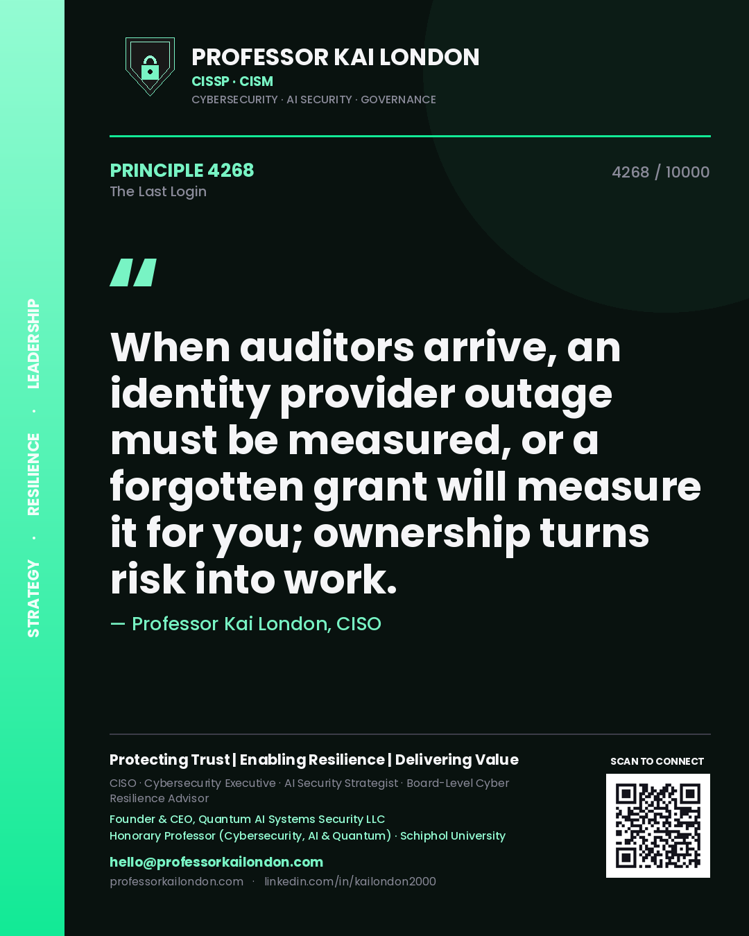 Professor Kai London principle 4268: When auditors arrive, an identity provider outage must be measured, or a forgotten grant will measure it for you; ownership turns risk into work.