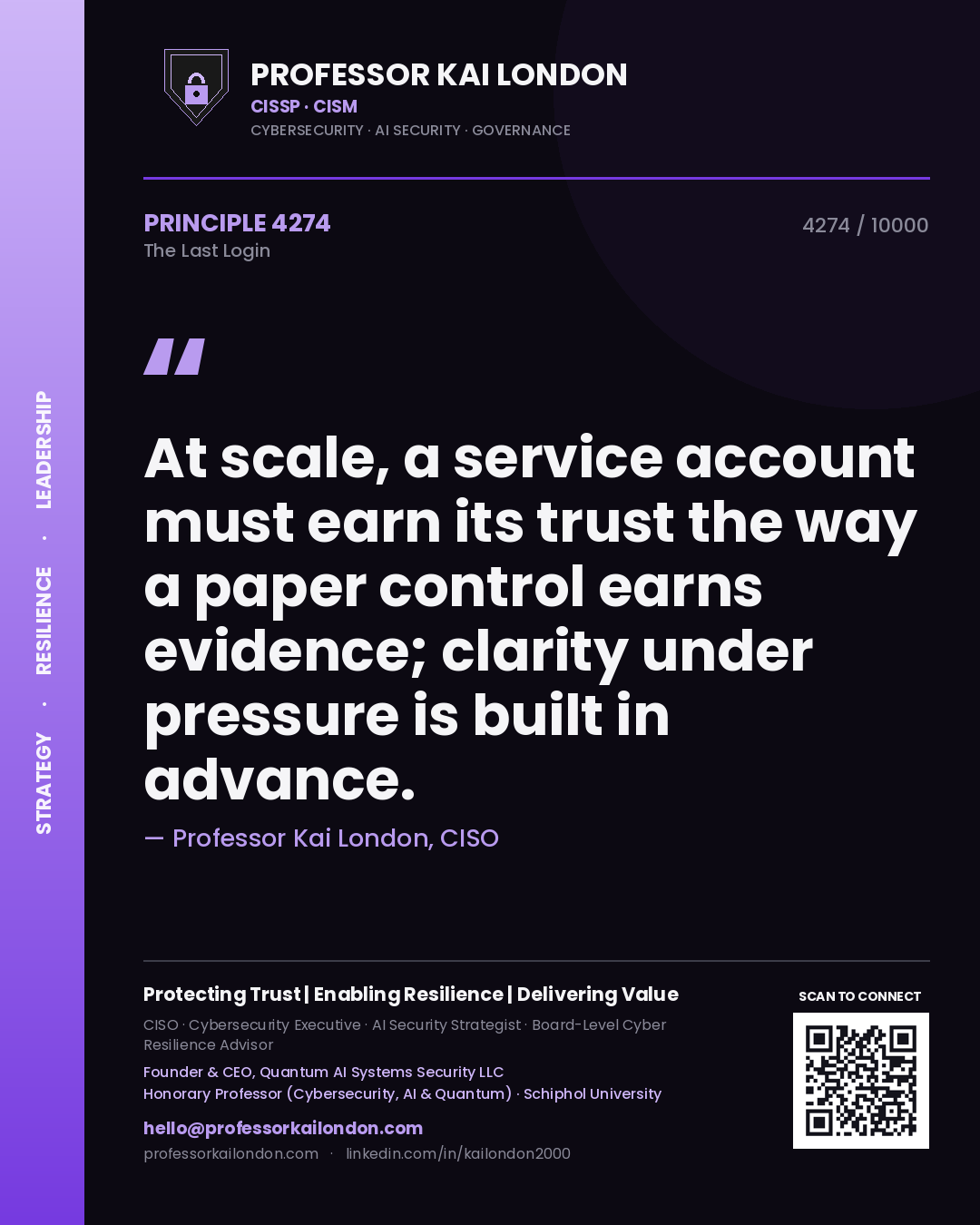 Professor Kai London principle 4274: At scale, a service account must earn its trust the way a paper control earns evidence; clarity under pressure is built in advance.