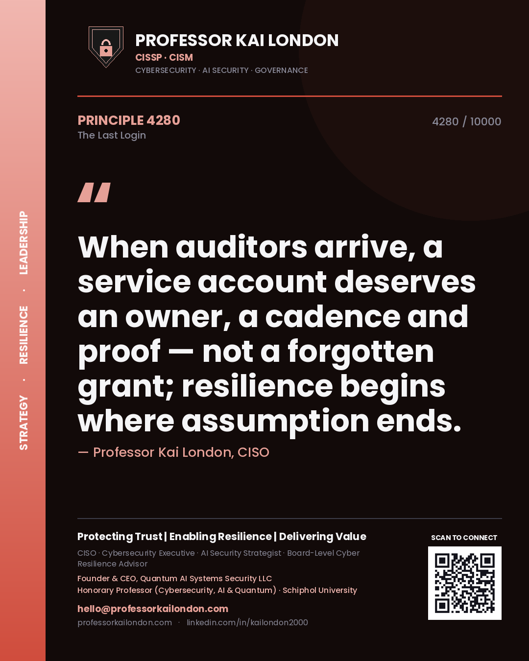 Professor Kai London principle 4280: When auditors arrive, a service account deserves an owner, a cadence and proof — not a forgotten grant; resilience begins where assumption ends.