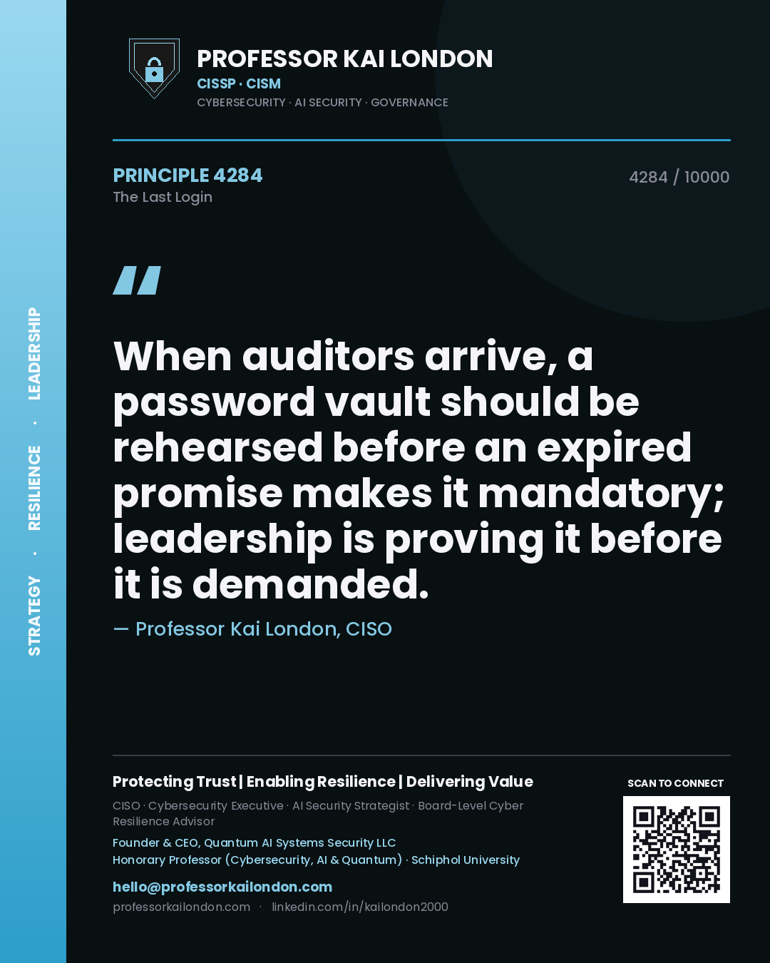 Professor Kai London principle 4284: When auditors arrive, a password vault should be rehearsed before an expired promise makes it mandatory; leadership is proving it before it is demanded.