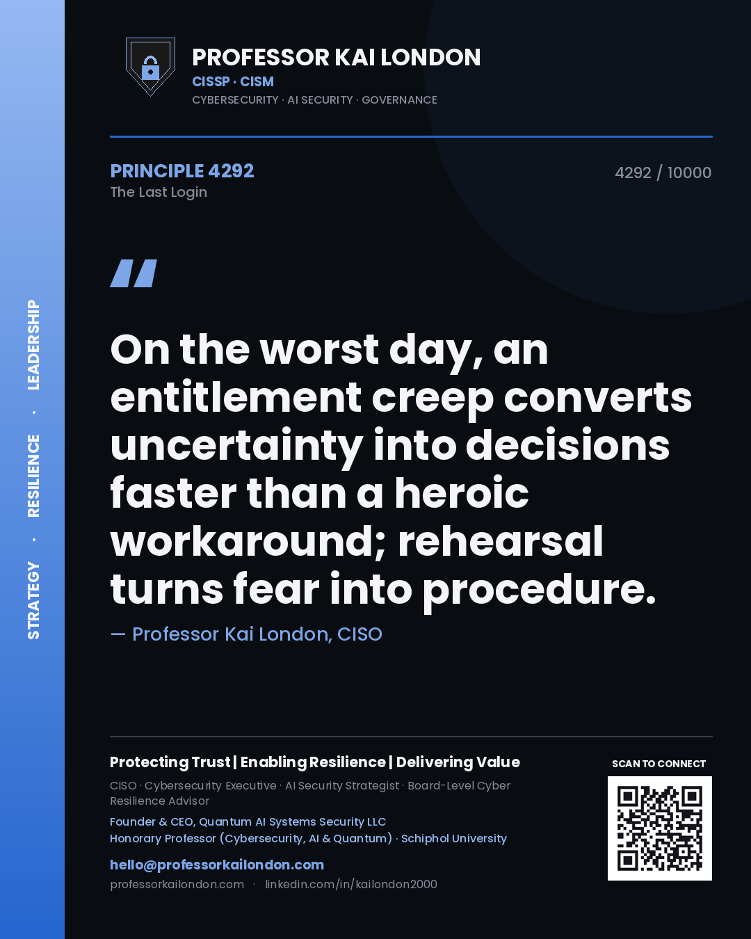 Quote card by Professor Kai London reading 'On the worst day, an entitlement creep converts uncertainty into decisions faster than a heroic workaround; rehearsal turns fear into procedure.'. From the book The Last Login.