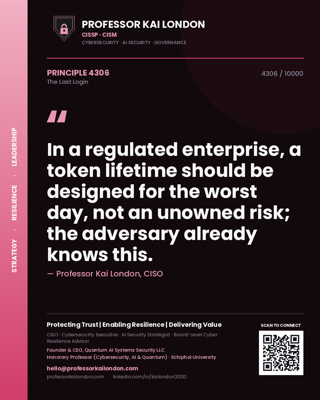 Professor Kai London principle 4306: In a regulated enterprise, a token lifetime should be designed for the worst day, not an unowned risk; the adversary already knows this.