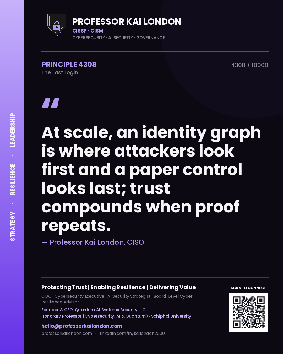 Quote card by Professor Kai London reading 'At scale, an identity graph is where attackers look first and a paper control looks last; trust compounds when proof repeats.'. From the book The Last Login.