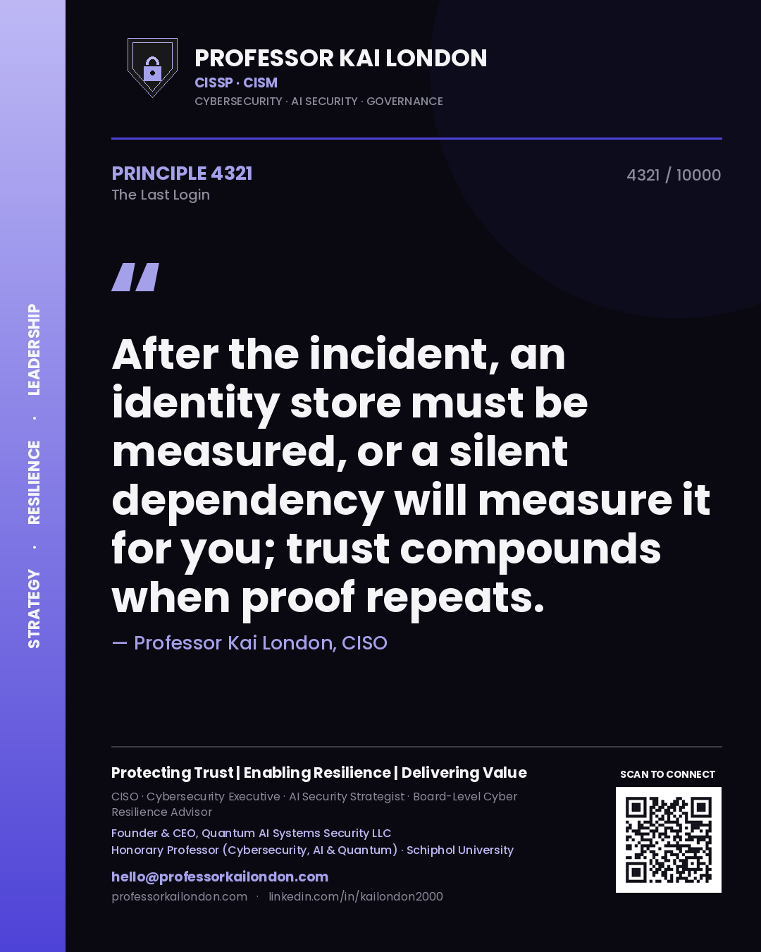 Professor Kai London principle 4321: After the incident, an identity store must be measured, or a silent dependency will measure it for you; trust compounds when proof repeats.